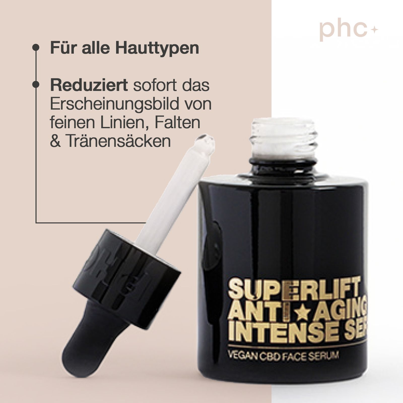 Schwarze Serumflasche mit Pipette. Text: "SUPER LIFT ANTI-AGING INTENSE SERUM". Logo "phc+".