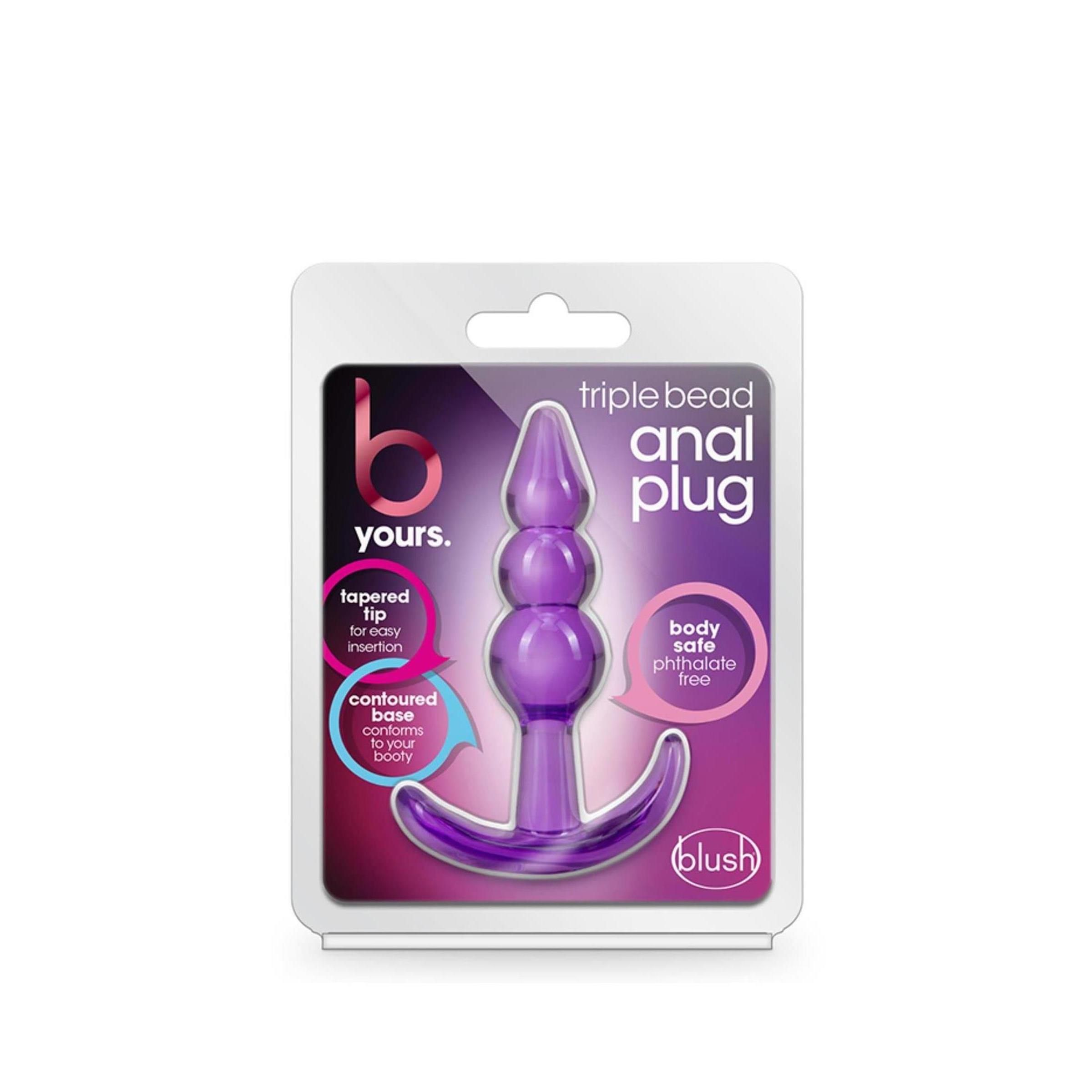 Verpackung mit lila Analplug. Text: "triple bead anal plug", "b yours", "blush", "body safe".