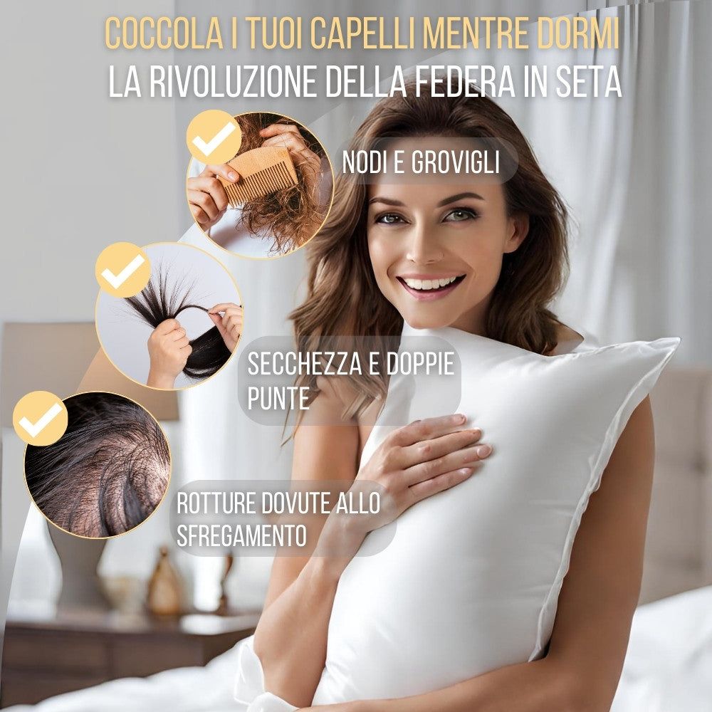 Donna con federa. Vantaggi per i capelli: meno nodi, doppie punte, rotture.