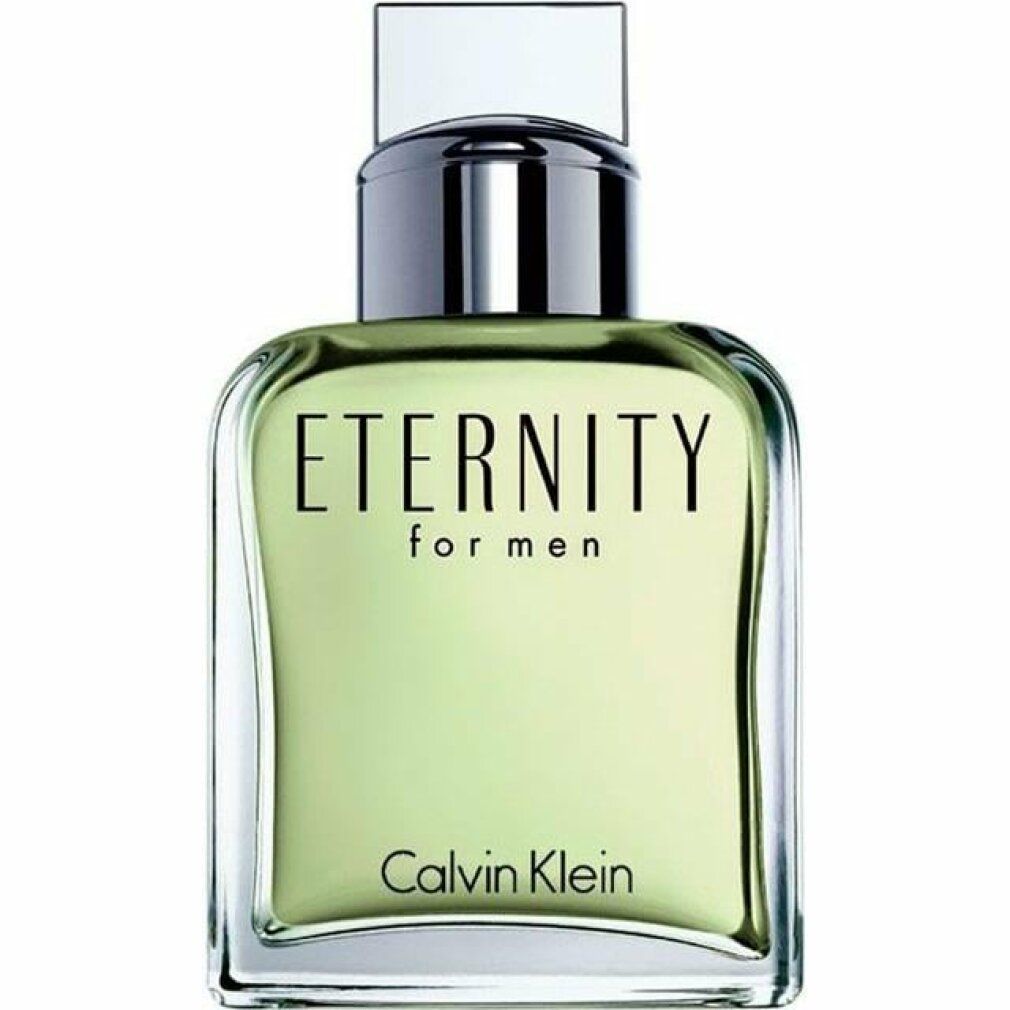 Eckiger Glasflakon mit silbernem Verschluss. Aufschrift: Eternity for men, Calvin Klein.
