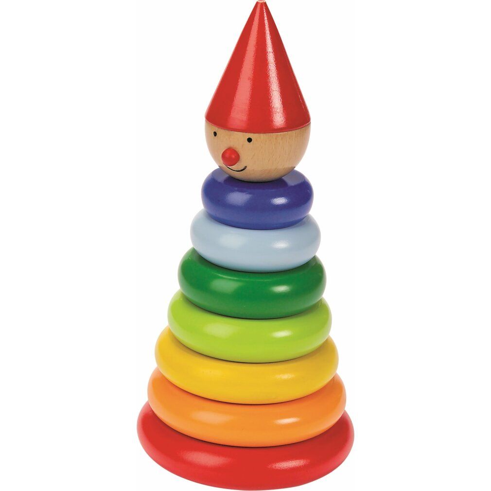 Holzringturm mit Zwerg-Kopf. Besteht aus bunten Ringen und einem Zwerg-Kopf mit roter Mütze. Auf weißem Hintergrund.