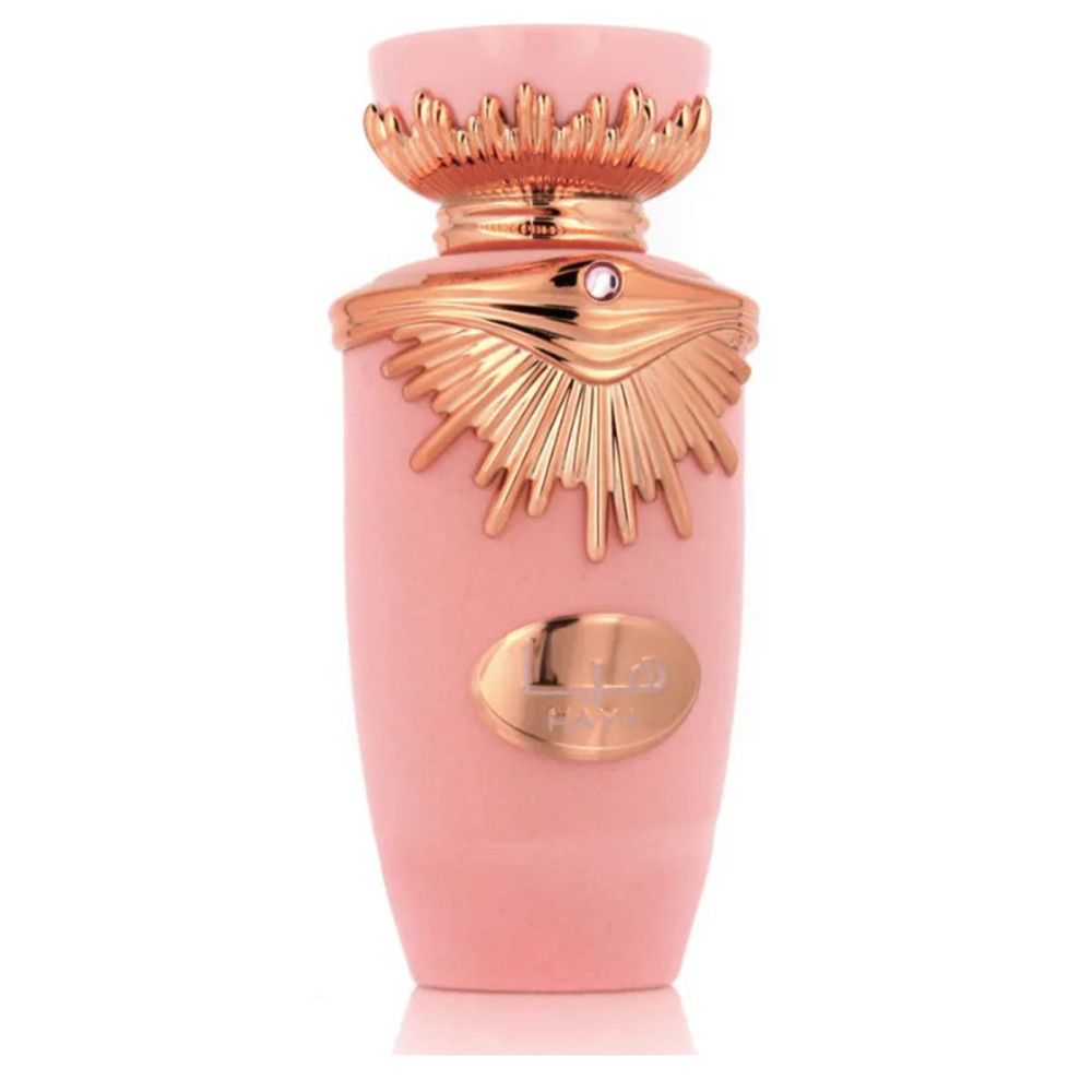 Rosa Flakon mit goldfarbenen Verzierungen. Aufschrift "Haya".