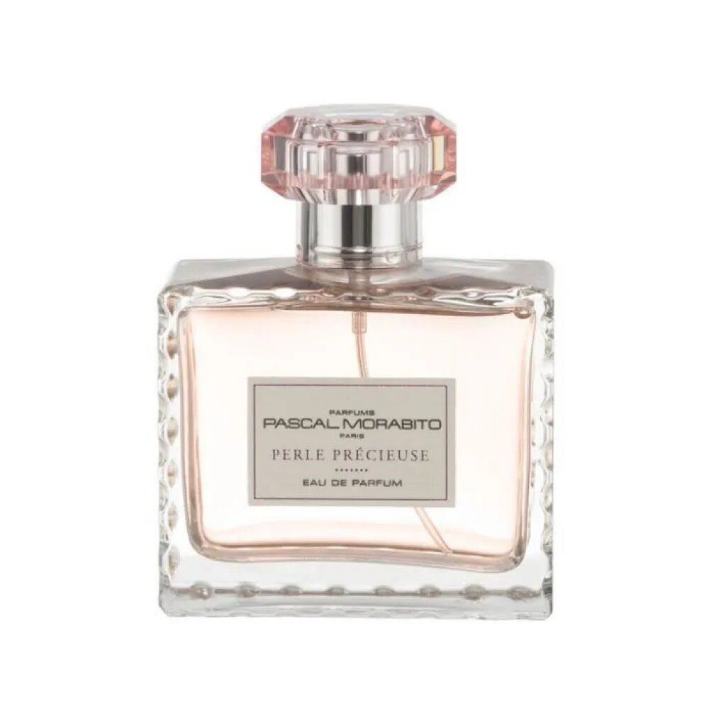 Quadratischer Glasflakon mit rosa Flüssigkeit. Aufkleber mit Text: Pascal Morabito, Perle Precieuse, Eau de Parfum. Rosa Deckel.