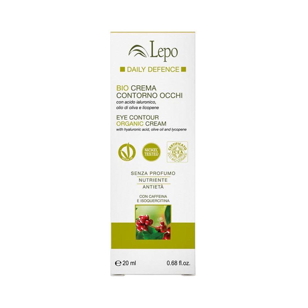 Confezione di crema contorno occhi Lepo Daily Defence. Testo: Bio Crema Contorno Occhi, Eye Contour Organic Cream. 20 ml.