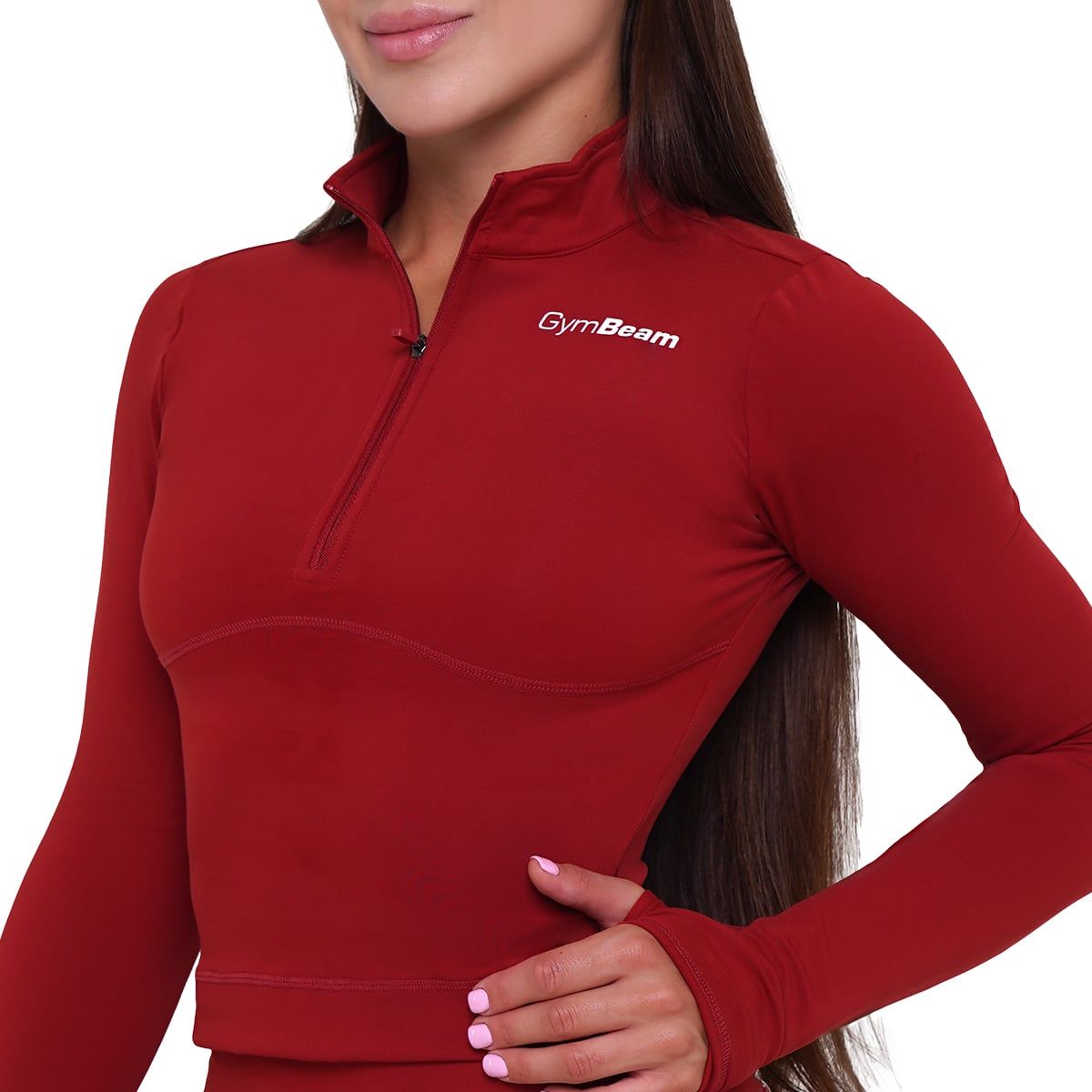 GymBeam Sport-Top Damen Ignite körpernah mit Kragen und Langarm in Dunkelrot