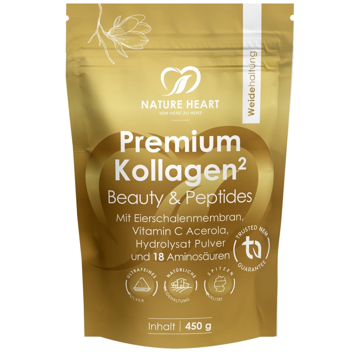 Goldfarbene Tüte mit "Nature Heart Premium Kollagen2". Text: Beauty & Peptides, 450 g Inhalt, Inhaltsstoffe. Siegel.
