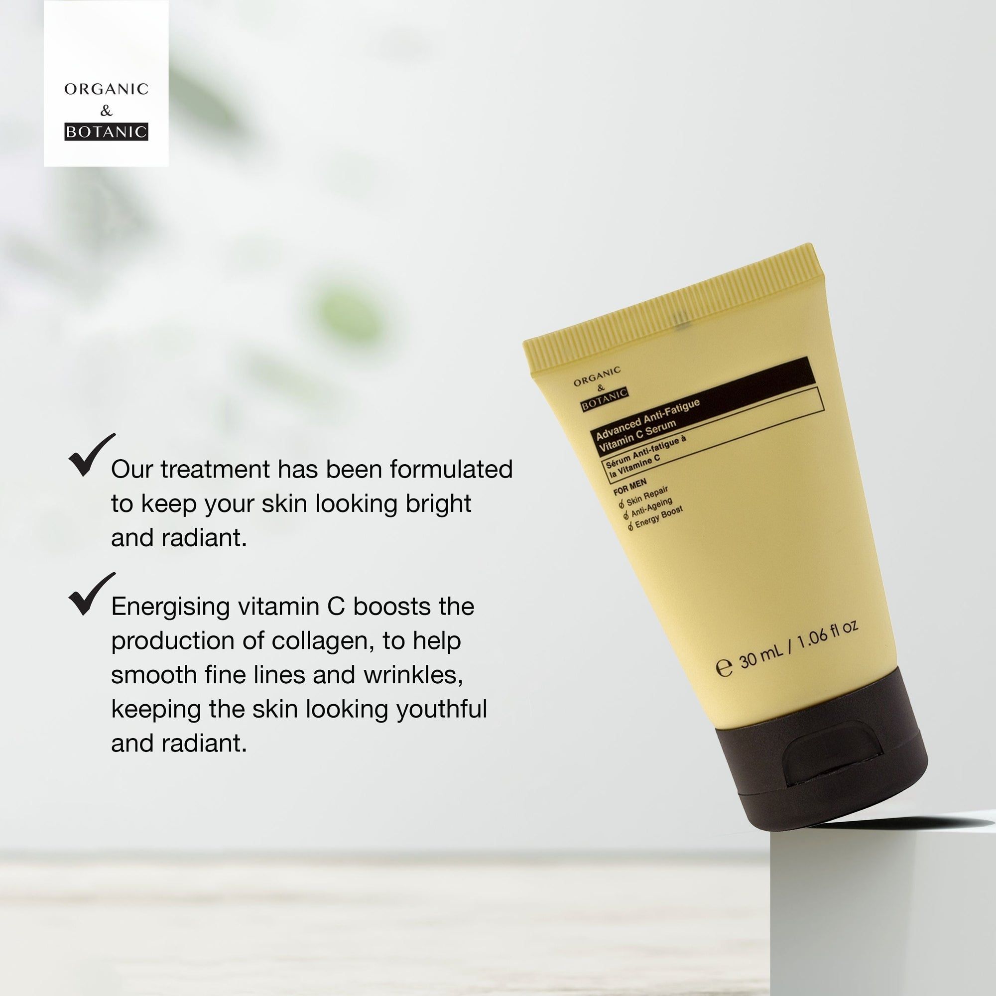 Gelbe Tube, leicht geneigt. Beschriftung: Advanced Anti-Fatigue Vitamin C Serum. Marke: Organic & Botanic.