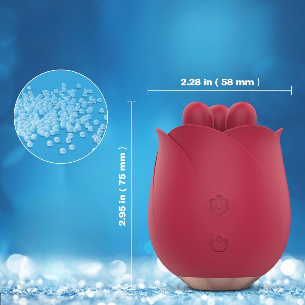 Roter Vibrator in Blütenform. Abmessungen: 75 mm Höhe, 58 mm Breite. Das Produkt ist auf blauem Hintergrund abgebildet.