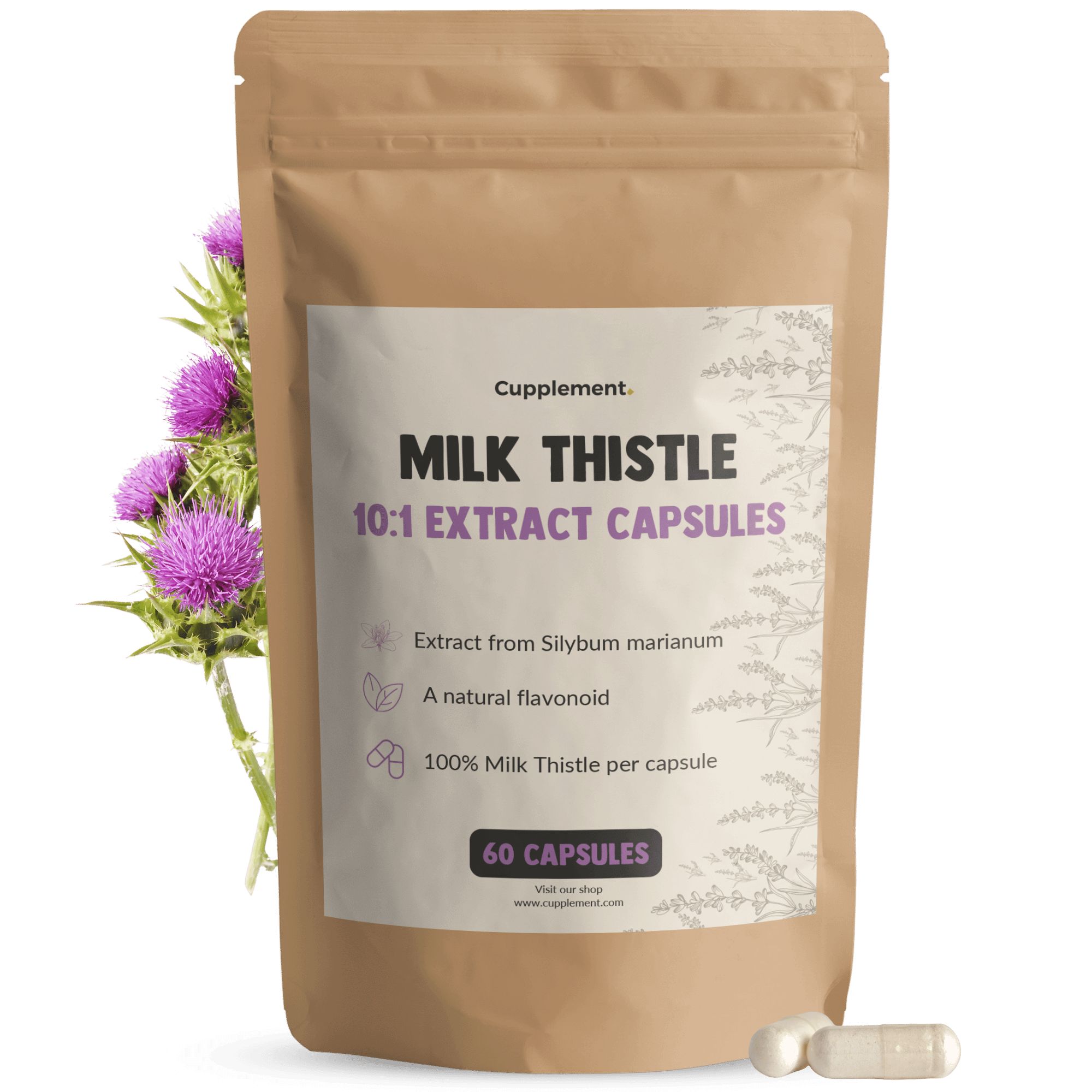 Braune Tüte mit Aufschrift: Milk Thistle 10:1 Extract Capsules. 60 Kapseln. Lila Distelblüte.
