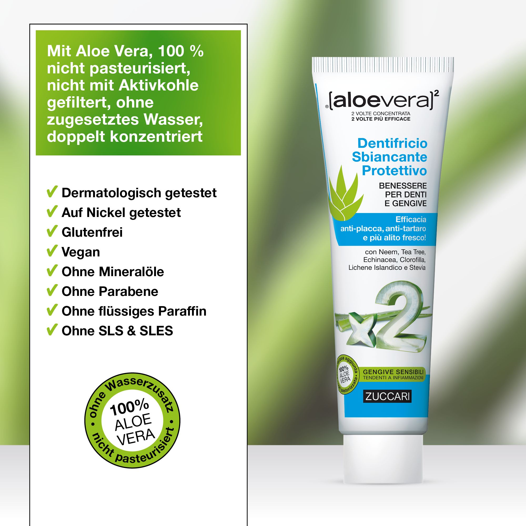 Tube ZUCCARI [aloevera]2 Zahnpasta. Text: DENTIFRICIO SBIANCANTE PROTETTIVO. Inhaltsstoffe: Aloe Vera, nicht pasteurisiert, doppelt konzentriert.