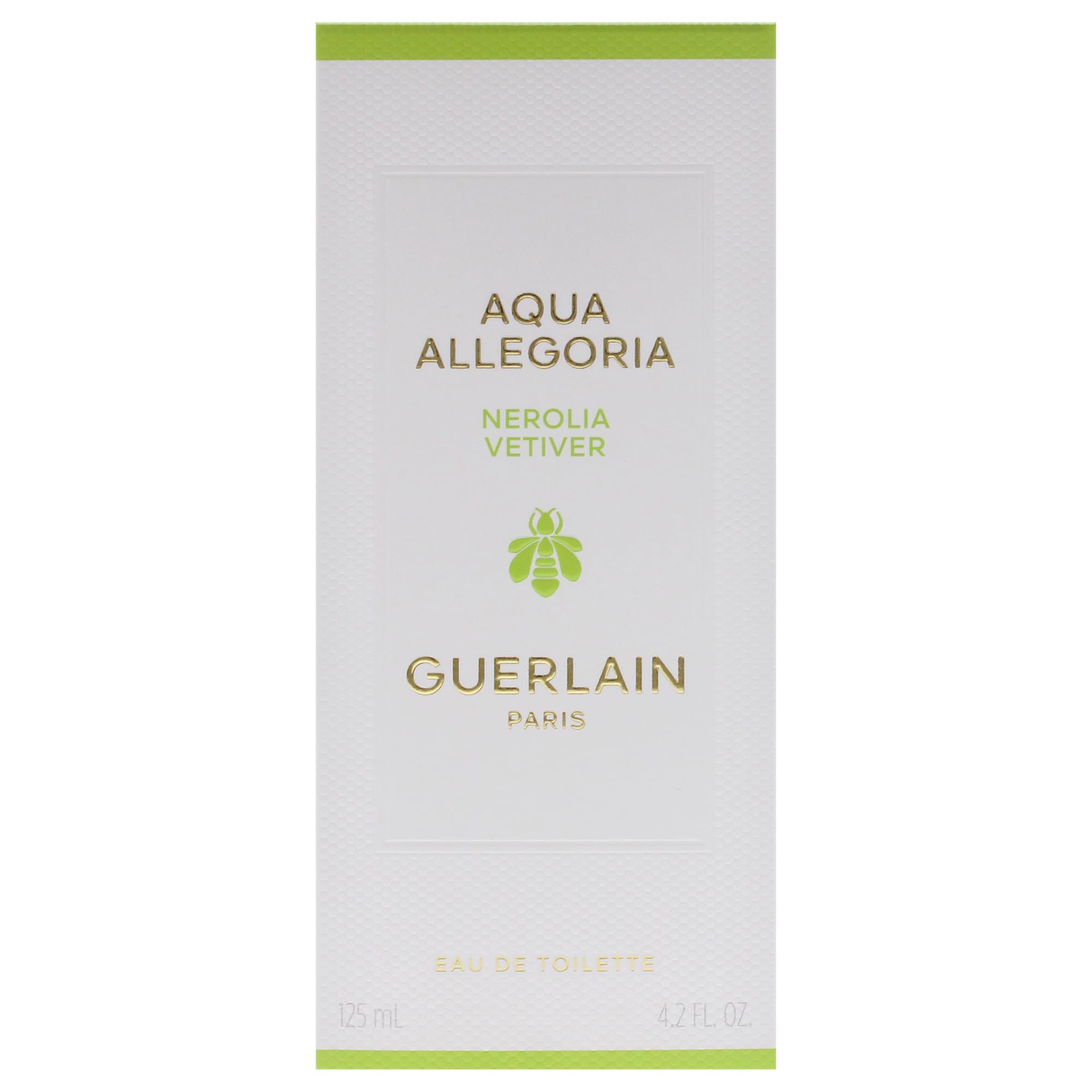Weiße rechteckige Verpackung mit grünen Akzenten. Text: AQUA ALLEGORIA, NEROLIA VETIVER, Guerlain Paris. Logo: Biene.