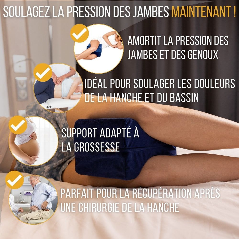 Schéma : avantages du coussin pour les genoux. Soulage la douleur, soutient la grossesse, idéal après une chirurgie de la hanche.