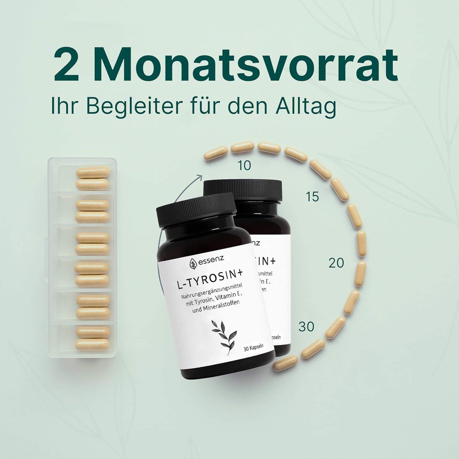 Zwei Flaschen ESSENZ L-Tyrosin+ Kapseln. 30 Kapseln pro Flasche. Kapseln in einer transparenten Box. Text: 2 Monatsvorrat.