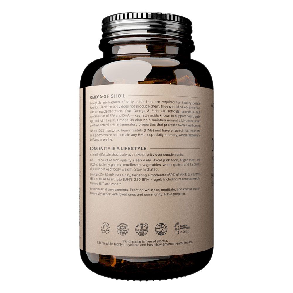 Braune Glasflasche mit Omega-3 Fischöl Kapseln. Etikett mit Produktinformationen und Siegeln.