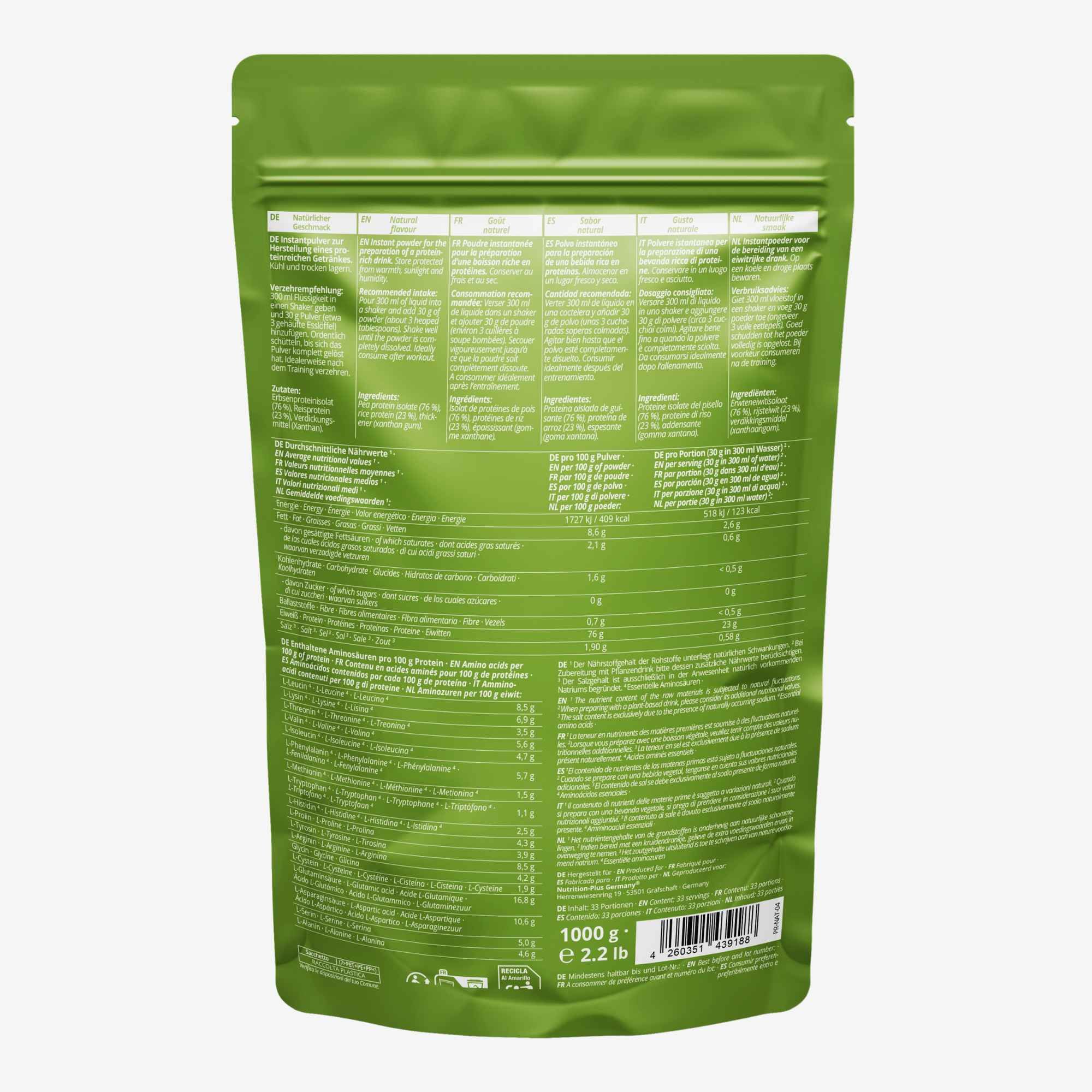 Rückseite eines grünen Beutels mit Nährwertangaben und Zutatenliste für Erbsen-Reis-Protein.