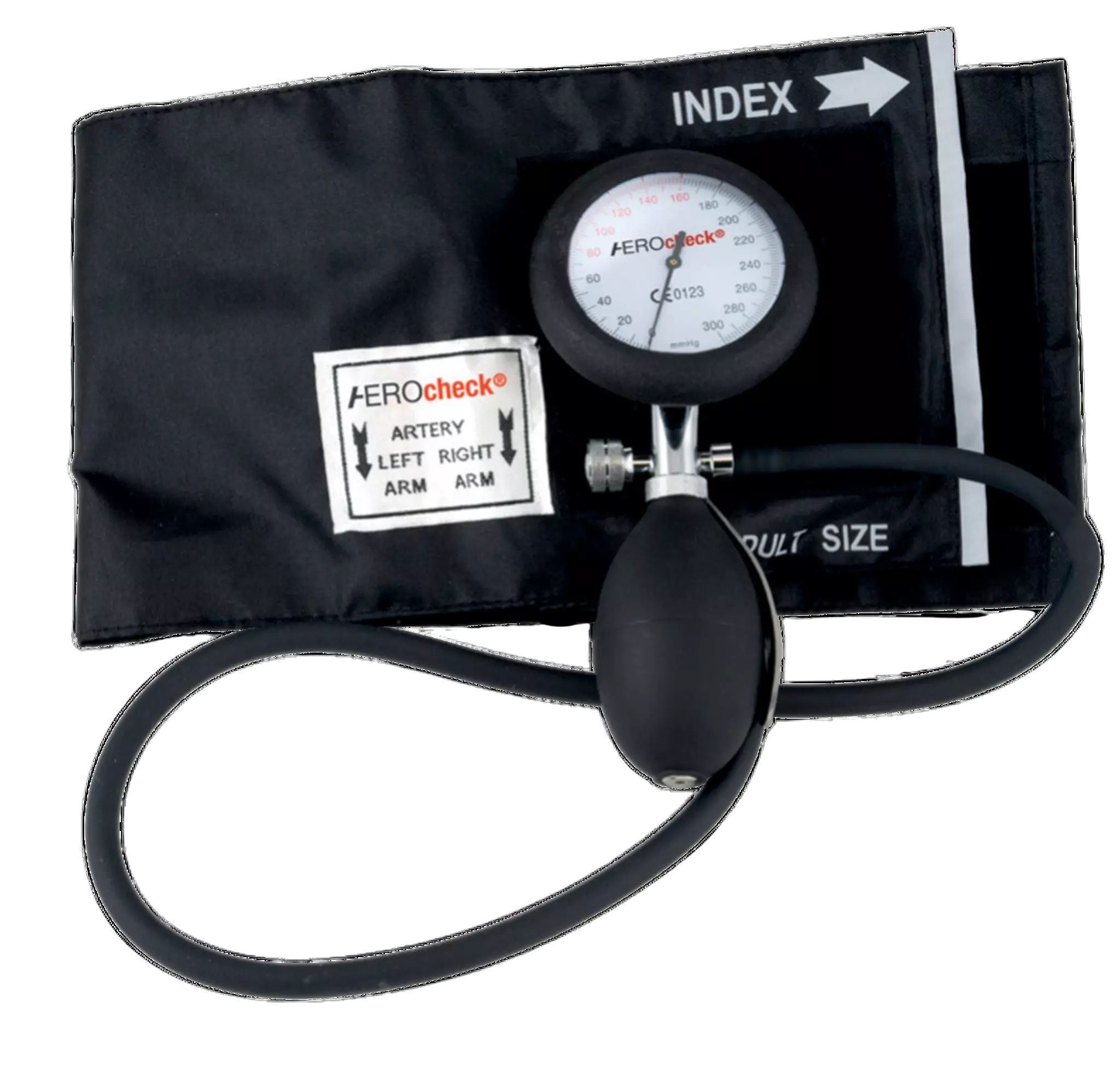 Blutdruckmessgerät mit Manschette, Manometer und Ball. Schwarze Manschette mit Aufdruck. Manometer mit Skala.