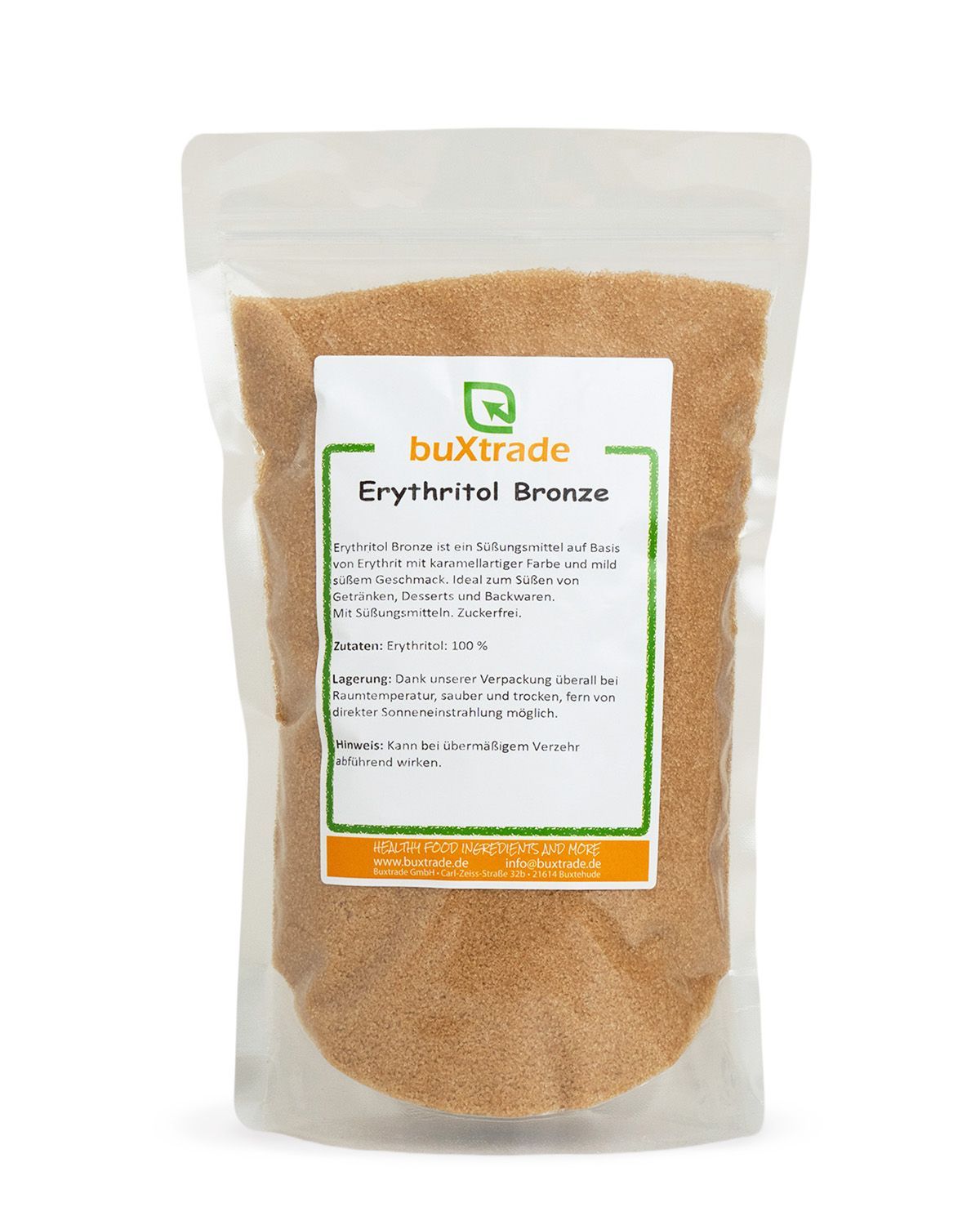 Verpackung mit buxtrade Erythritol Bronze, einem Süßungsmittel in Pulverform.