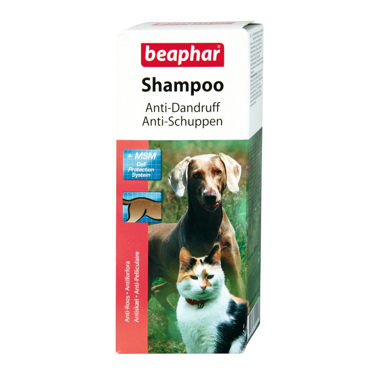 Verpackung von Beaphar Shampoo. Aufschrift: Anti-Schuppen. Abgebildet sind ein Hund und eine Katze.