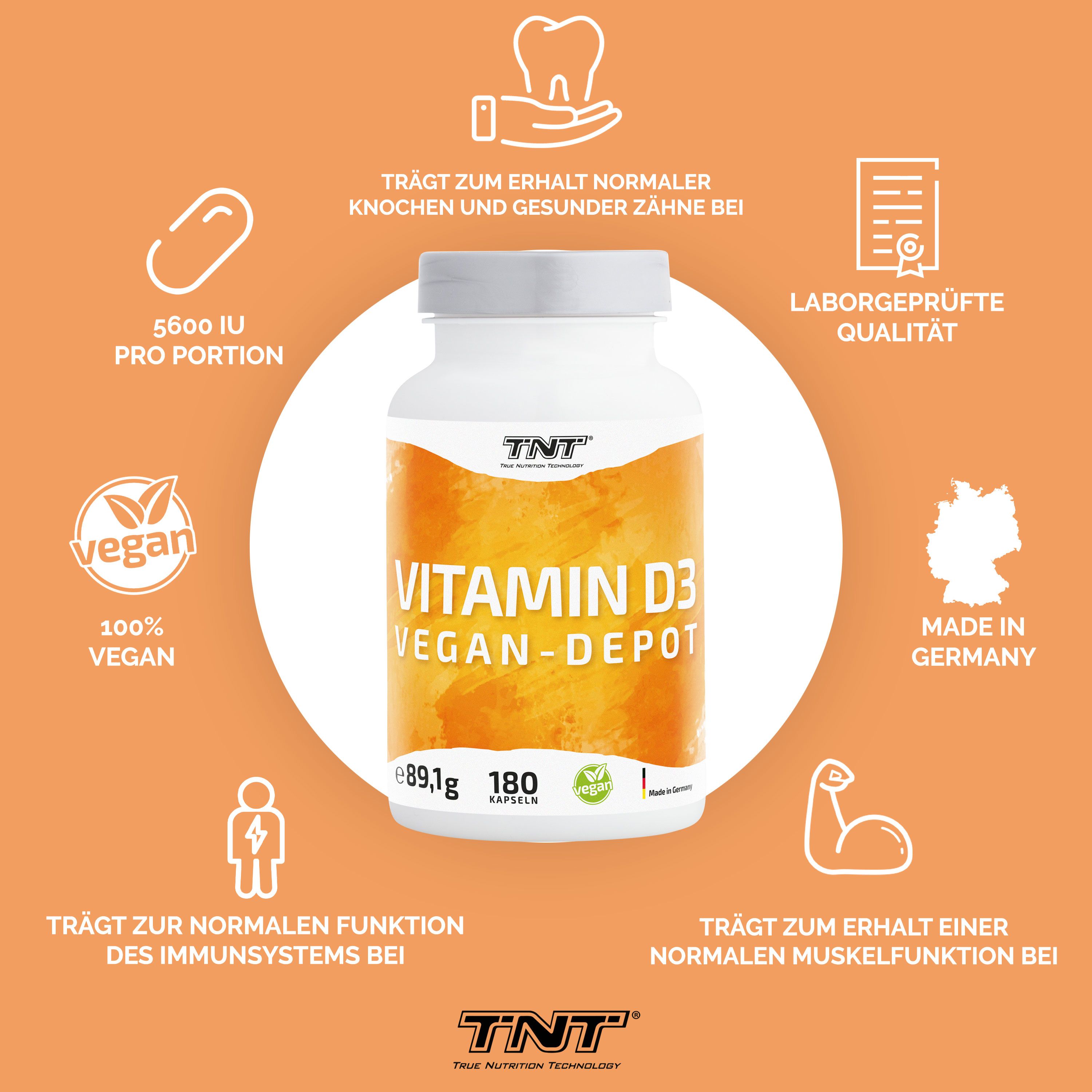 TNT Vitamin D3 Vegan-Depot Flasche, umgeben von Icons. Text: 100% vegan, Laborgeprüfte Qualität, Made in Germany, 180 Kapseln.