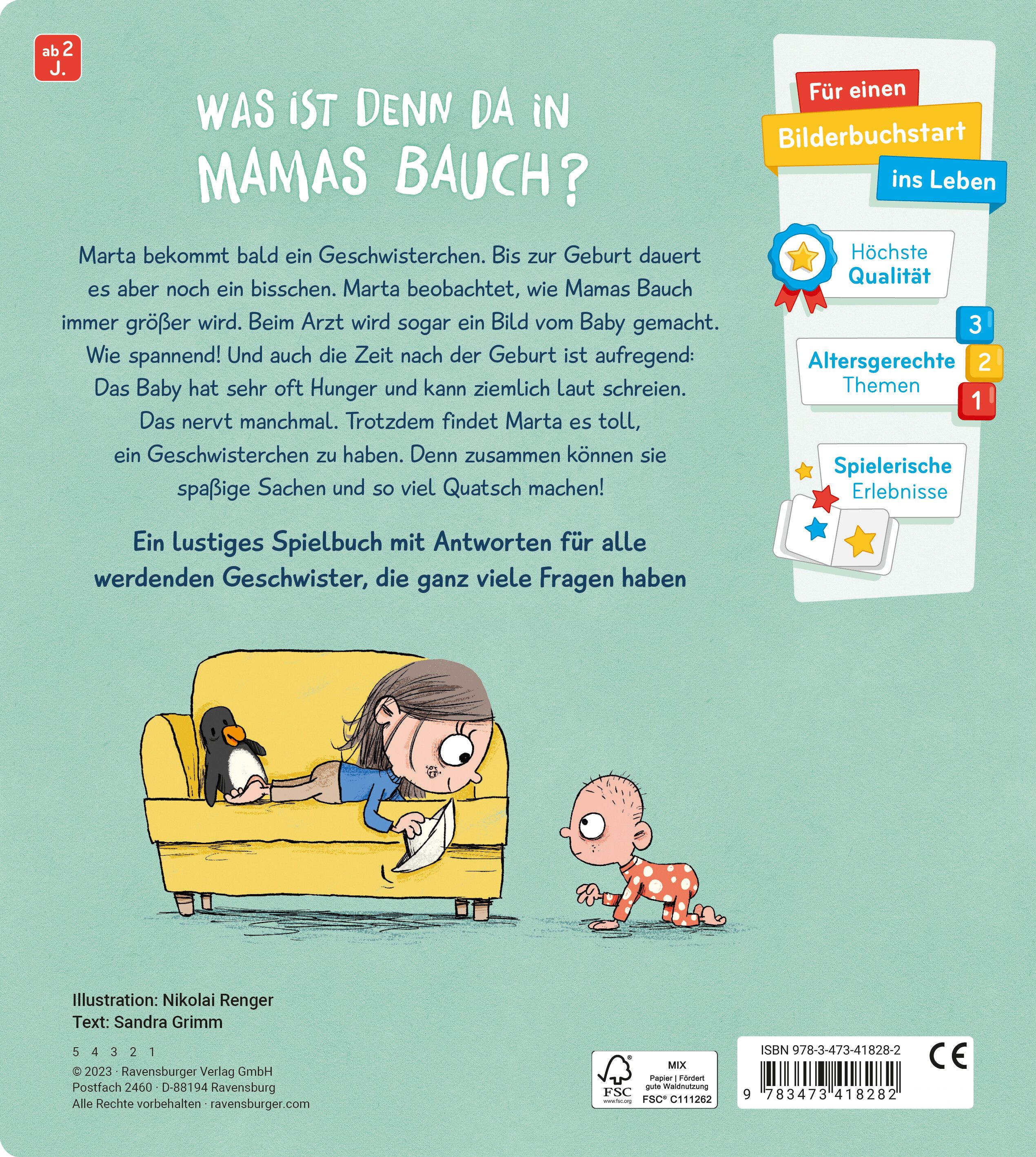 Rückseite eines Buches. Titel: "Was ist denn da in Mamas Bauch?". Text und Illustrationen. Logos und Angaben zum Verlag.