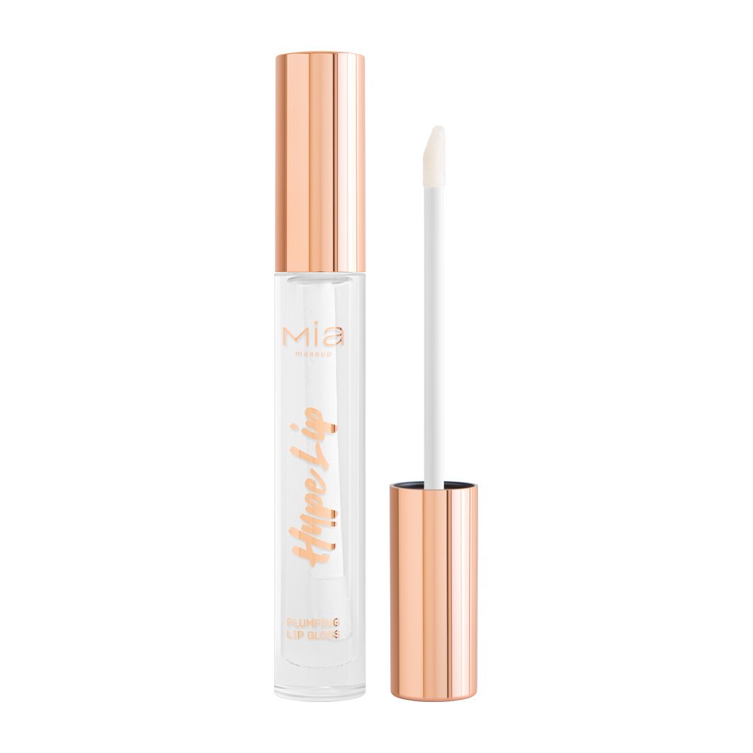 Lucidalabbra con tappo e applicatore dorati. Il contenitore trasparente mostra il contenuto. Scritta: Hype Lip.