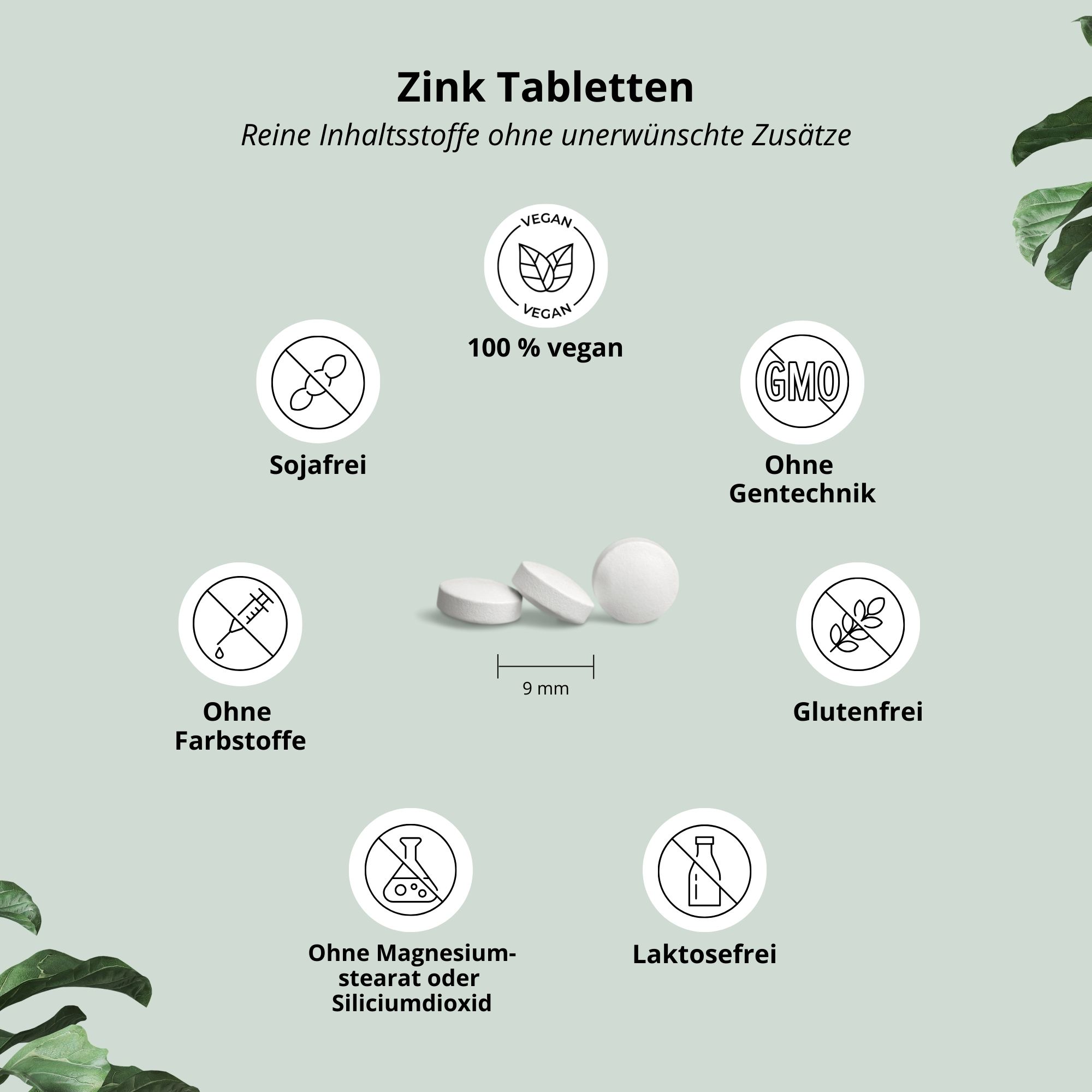 Drei weiße Zink Tabletten. Aufschrift: Ohne Zusatzstoffe, vegan, ohne Gentechnik, glutenfrei, laktosefrei, ohne Farbstoffe.