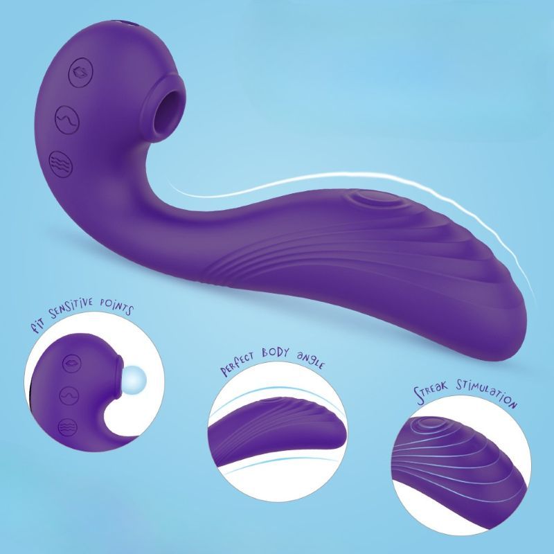 Lila Vibrator mit drei Knöpfen und Saugbereich. Illustrationen zeigen Funktionen: sanfte Punkte, Winkel, Stimulation.