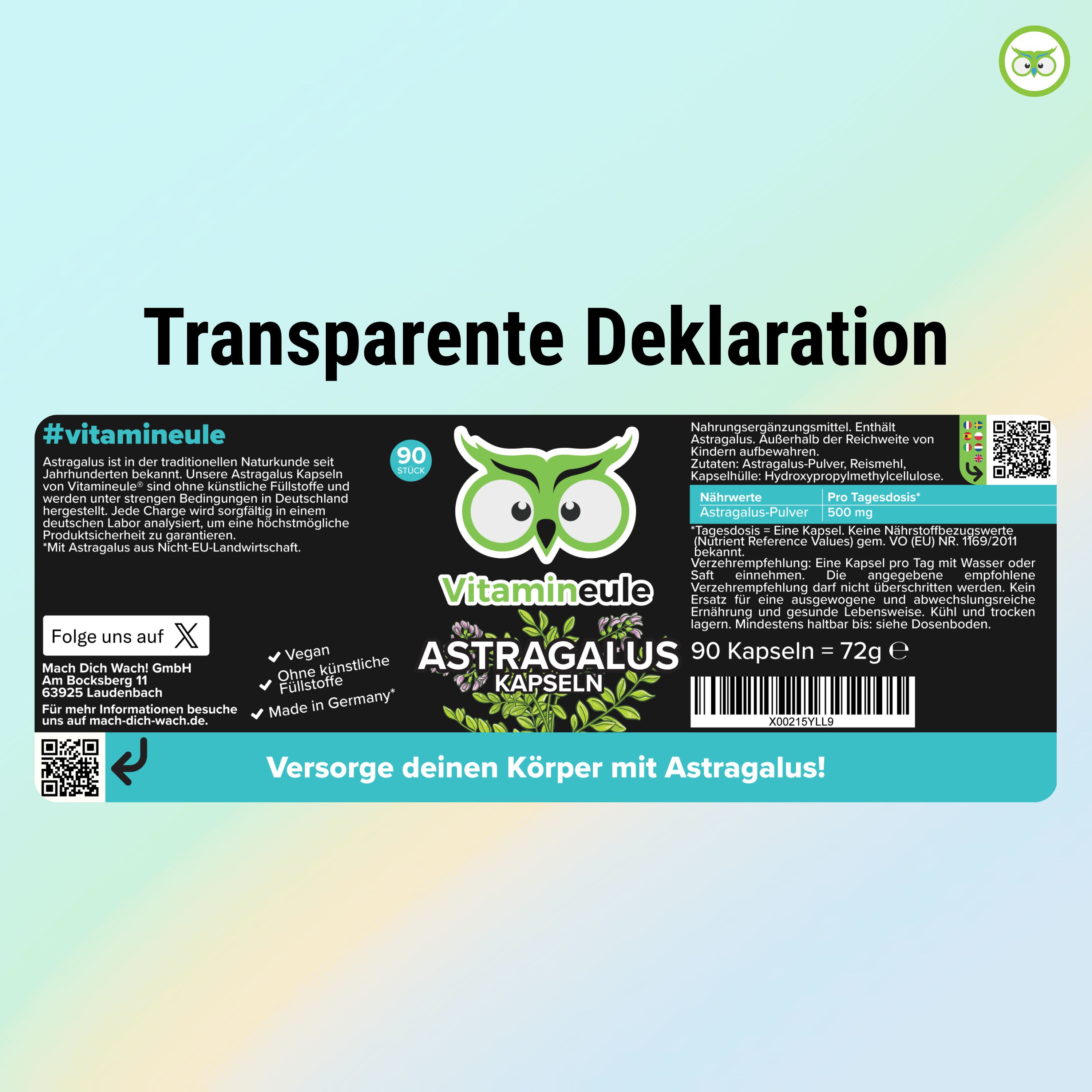 Etikett. #vitamineule. Astragalus Kapseln, 90 Kapseln. Inhaltsstoffe, Nährwerte. Grünes Logo: Eule. QR-Code. Vegan, ohne künstliche Zusätze, Made in Germany.