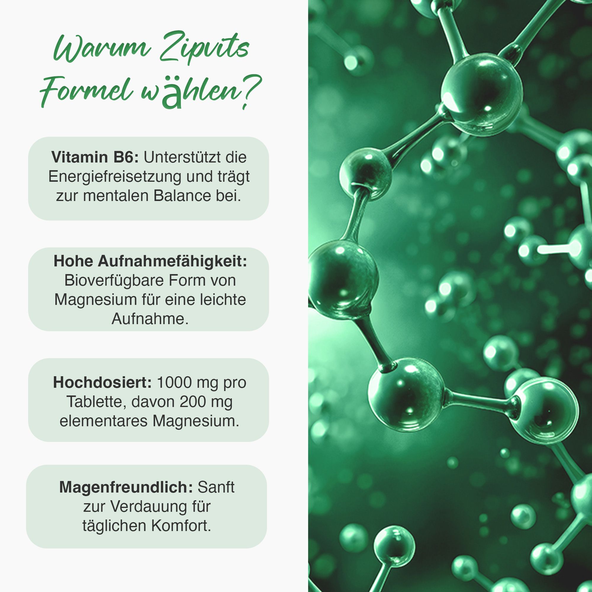 Grafik mit grünen Molekülen. Text: Warum Zipvits Formel wählen? Vitamin B6, hohe Aufnahmefähigkeit, hochdosiert, magenfreundlich.
