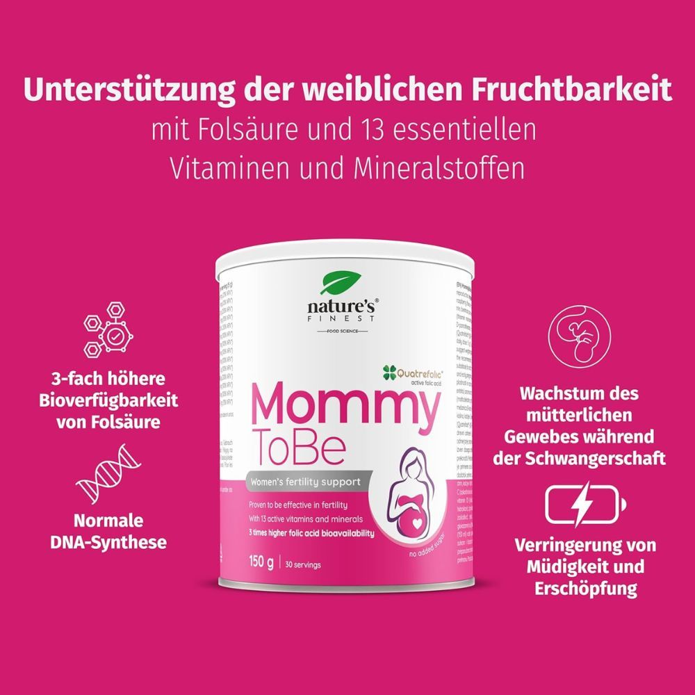 Rosa Hintergrund mit Produktabbildung. Nature's Finest Mommy ToBe. Text: Unterstützung der weiblichen Fruchtbarkeit. Logos und Icons.