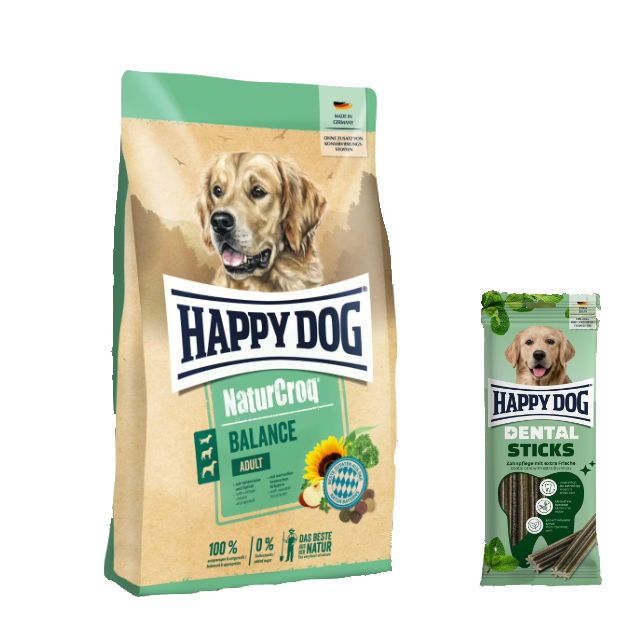 Happy Dog Premium NaturCroq Balance + Dental Sticks für Hunde 15,1 kg