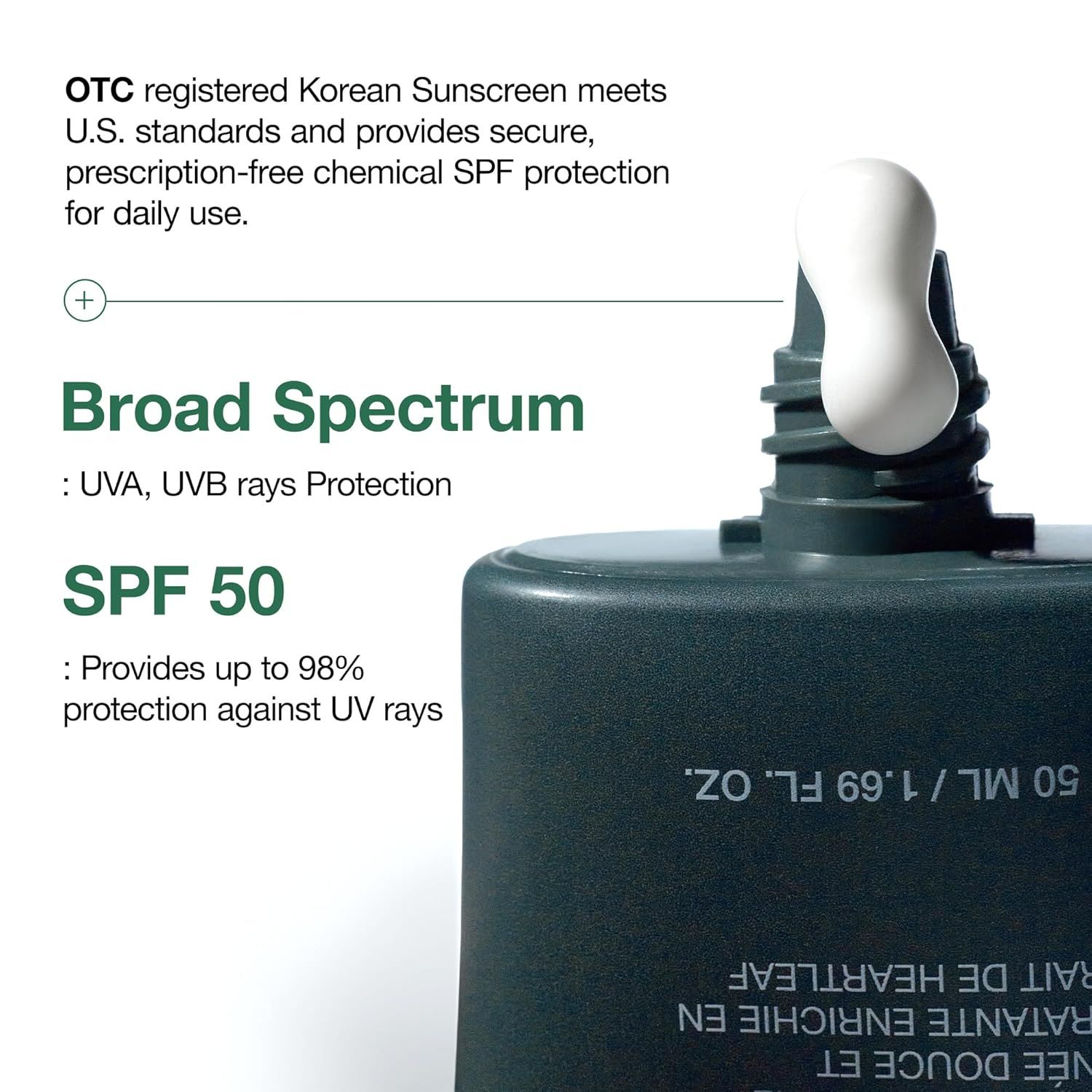 Nahaufnahme der Tube. Text: Broad Spectrum SPF 50. Schützt vor UVA- und UVB-Strahlen. OTC-registriert.