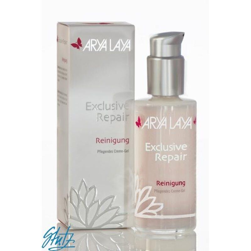 Produktverpackung mit Flasche und Karton. Aufschrift: ARYA LAYA, Exclusive Repair, Reinigung. Flasche mit silbernem Pumpkopf.