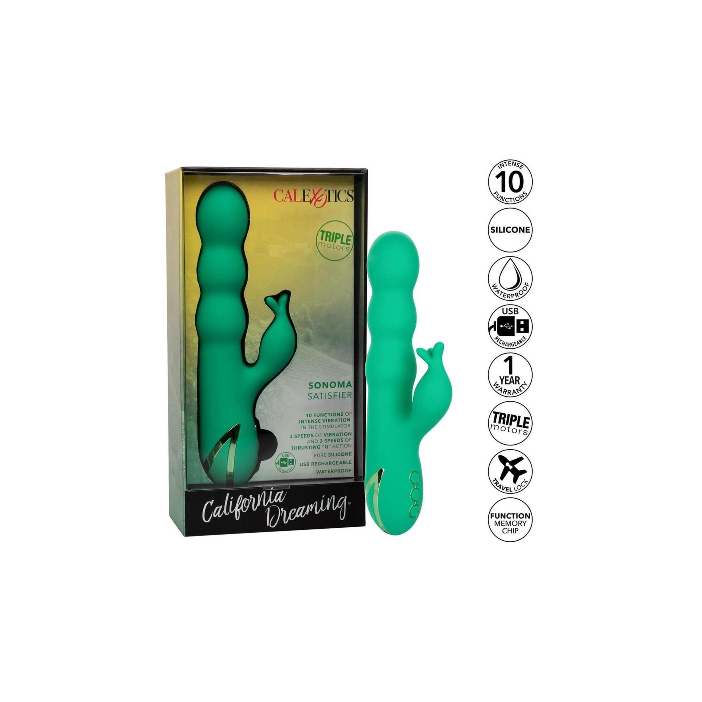 Verpackung mit grünem Wellness-Produkt. Marke CalExotics. Sonoma Satisfier. Illustrationen und Symbole.