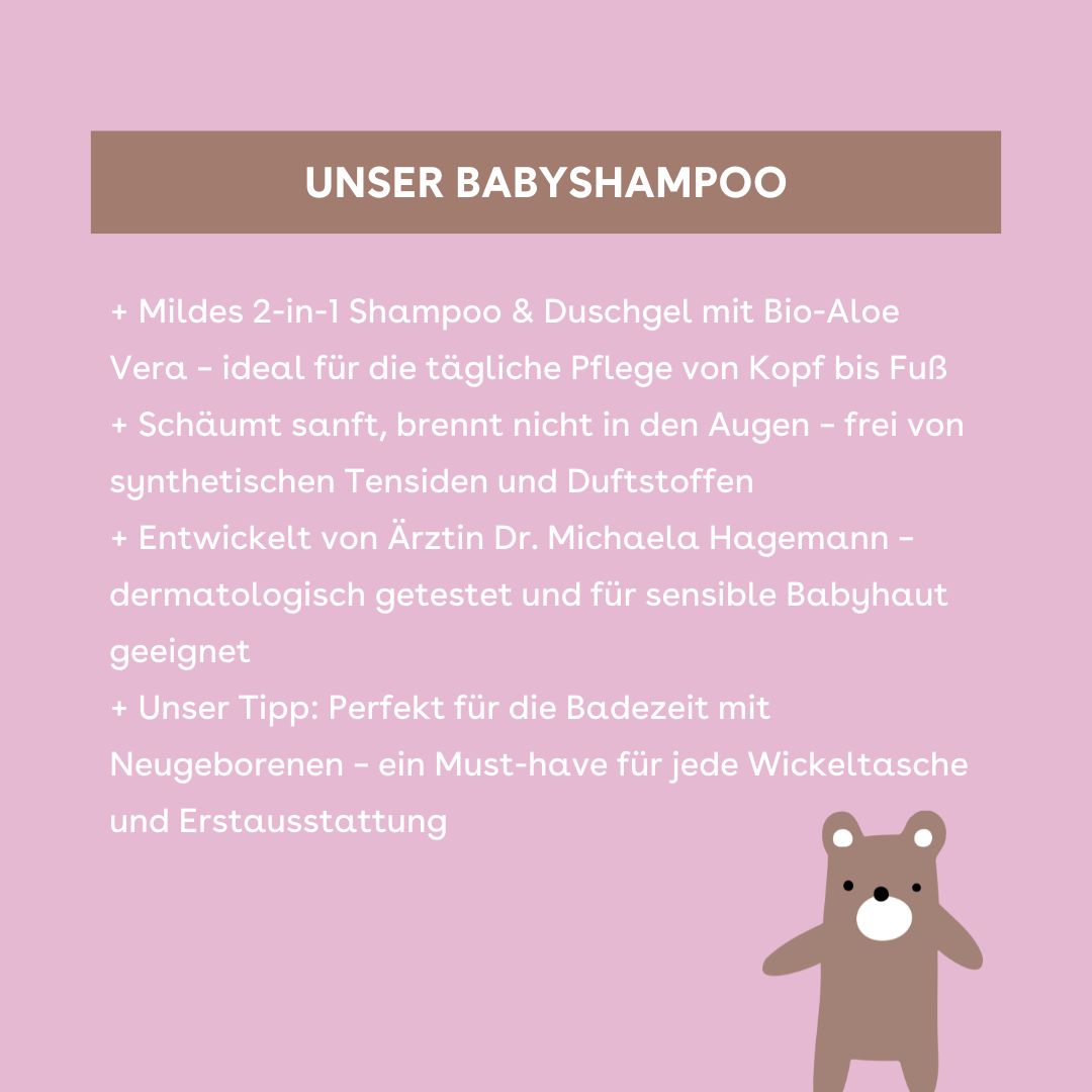Text auf rosa Hintergrund: "UNSER BABYSHAMPOO" und Produktinformationen.