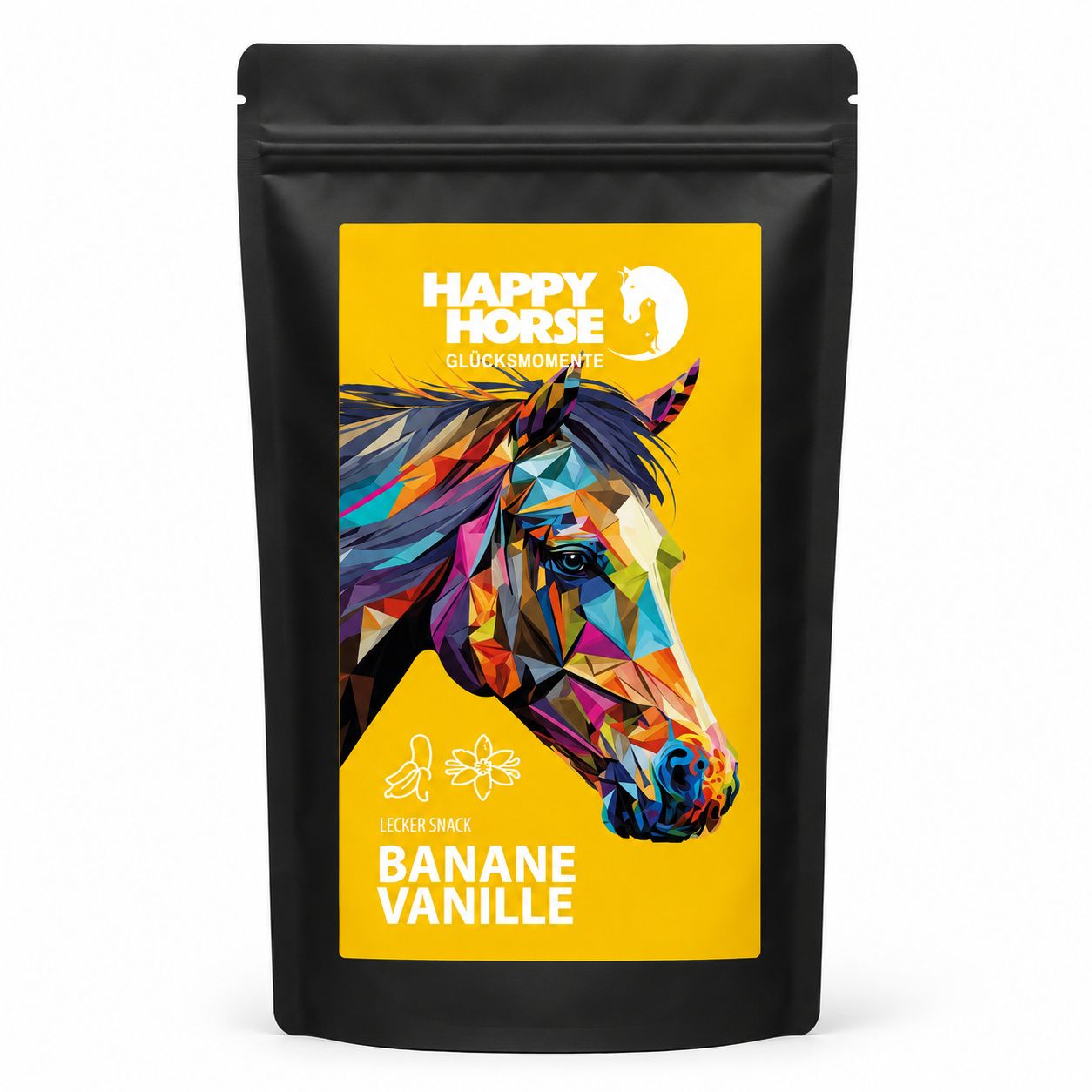Happy Horse Lecker Snack Banane Vanille in schwarzer Verpackung mit buntem Pferde-Design.