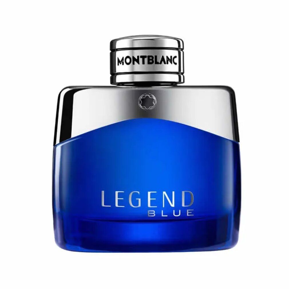 Blauer Flakon mit silbernem Deckel. Aufschrift: MONTBLANC, LEGEND BLUE.
