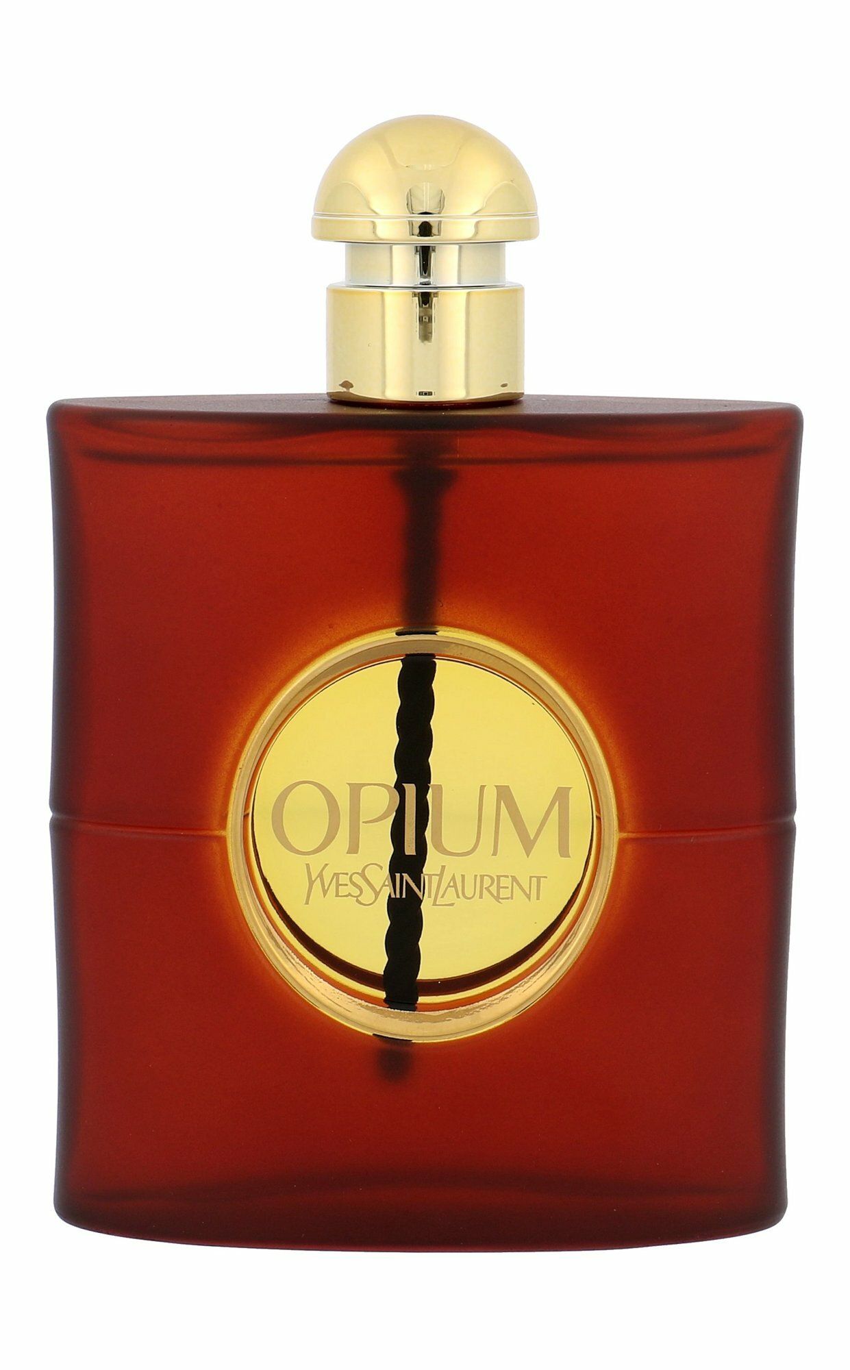 Dunkelroter Flakon mit goldenem Verschluss. Goldenes Etikett mit "Opium" und Markennamen. Quadratische Form, elegantes Design.