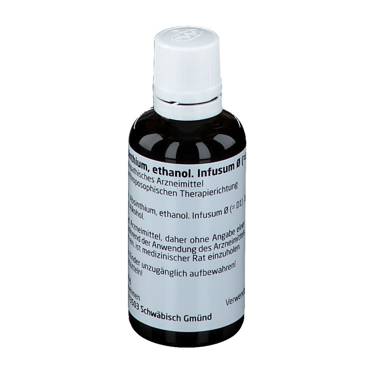 Braune Glasflasche mit weißem Deckel. Beschriftung: Absinthium, ethanol. Infusum. Urtinktur. Weleda.