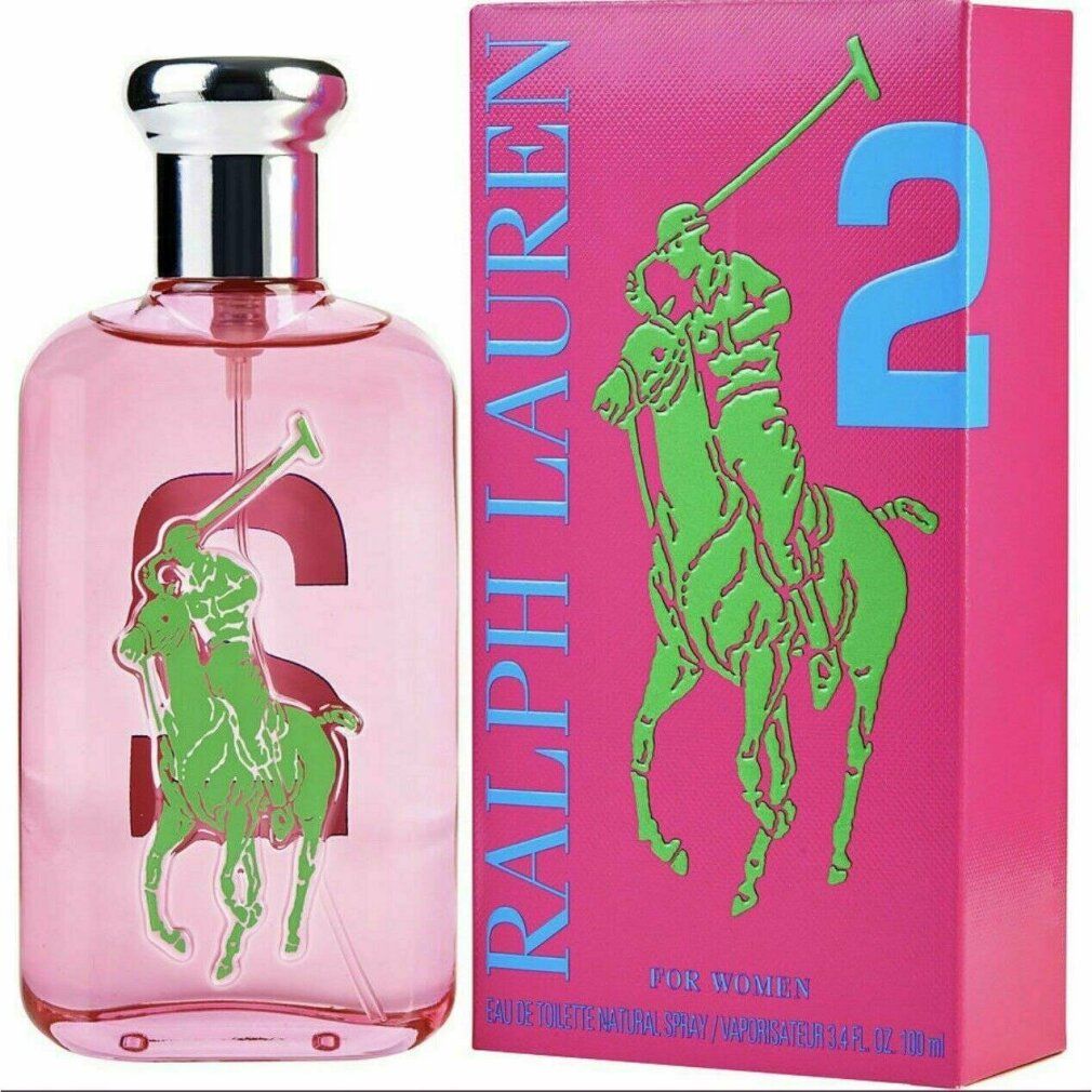 Rosa Flakon und Schachtel mit grünem Reiter-Logo und blauer Nummer 2. Text: RALPH LAUREN, FOR WOMEN.
