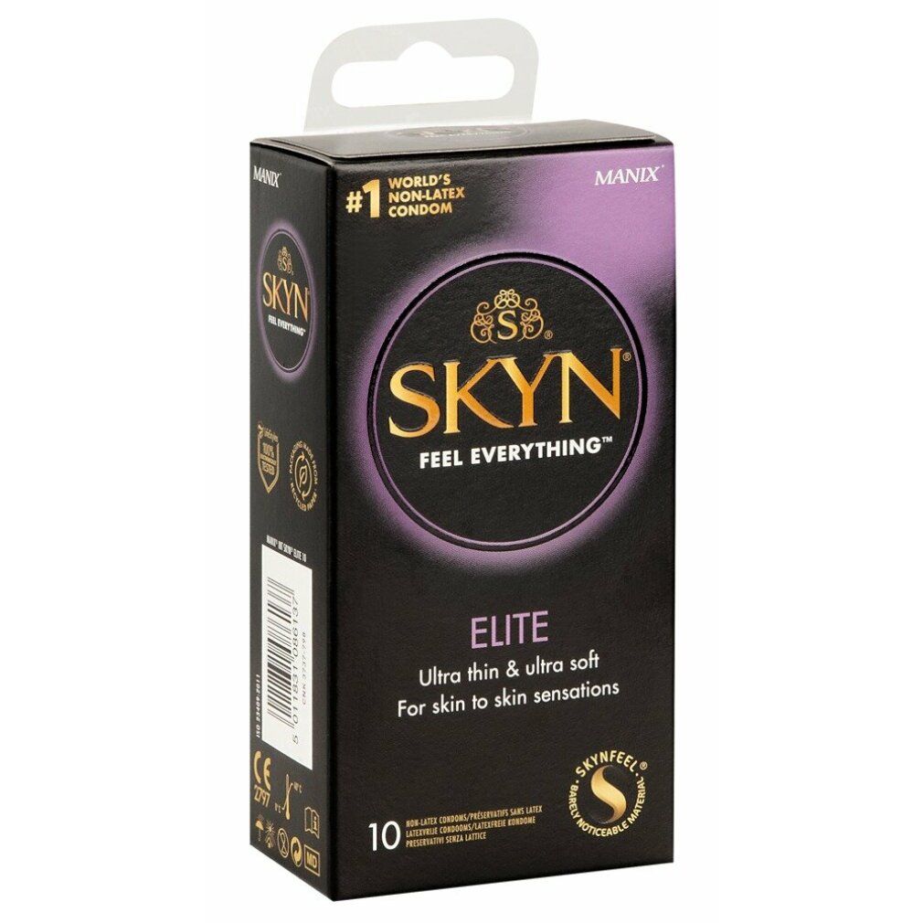 Schwarze Schachtel mit SKYN Elite Kondomen. Aufschrift: Ultra dünn & ultra weich. 10 Stück. Marke: MANIX.