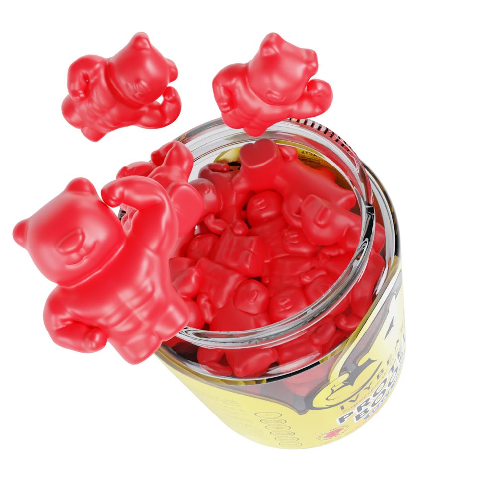 Glas mit roten Gummibärchen, einige fliegen heraus. Gummibärchen in Bärenform, rot, mit muskulösen Armen.