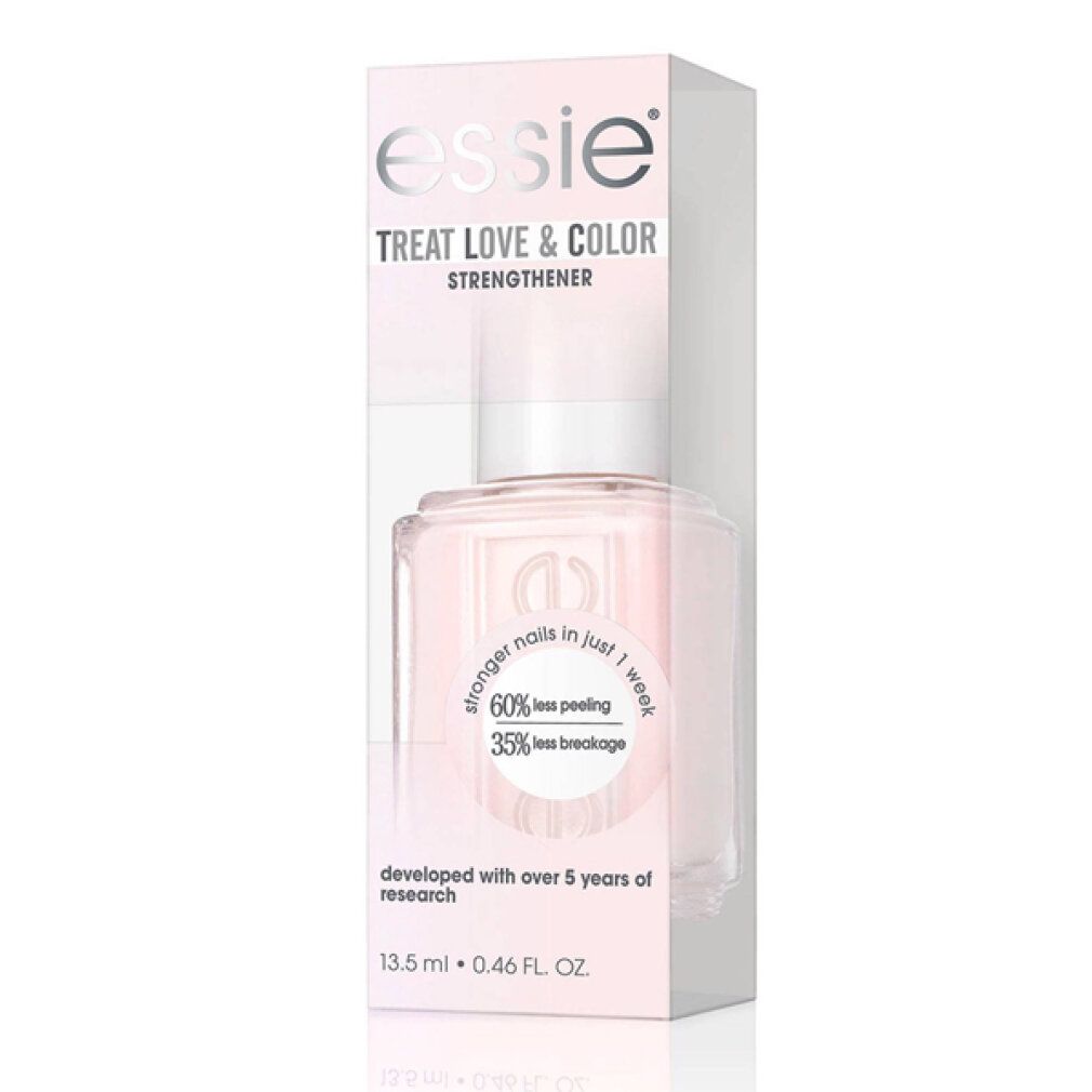 Essie Treat Love & Color Nagellack in Verpackung. Rosa Flasche mit weißem Deckel. Aufschrift: stronger nails in just 1 week.