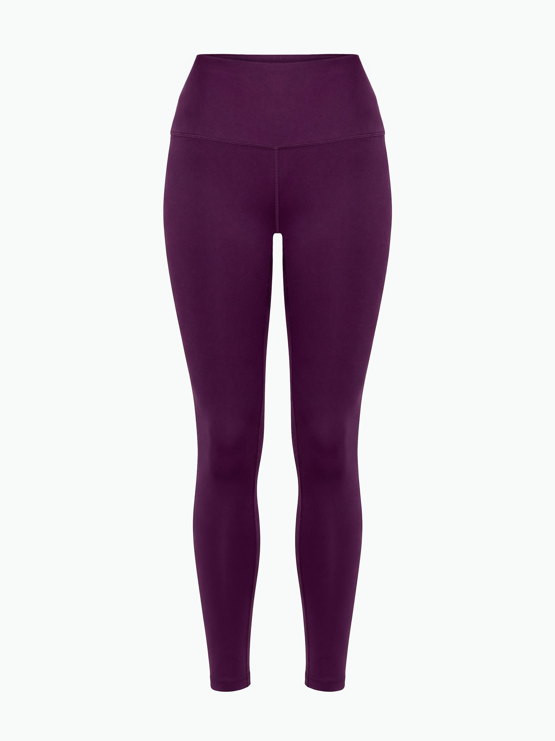 Dunkelviolette Leggings. Hoher Bund. Eng anliegend. Frontansicht. Glatter Stoff.