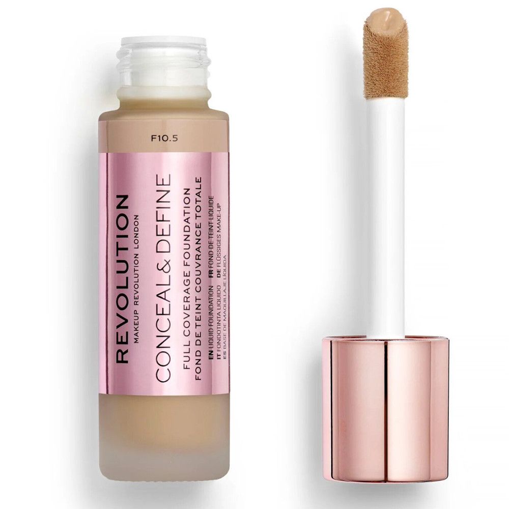 Flüssige Foundation in Glasflasche mit Applikator. Rosa Etikett mit Produktnamen und Marke. Farbton F10.5. Deckkraft: Voll.