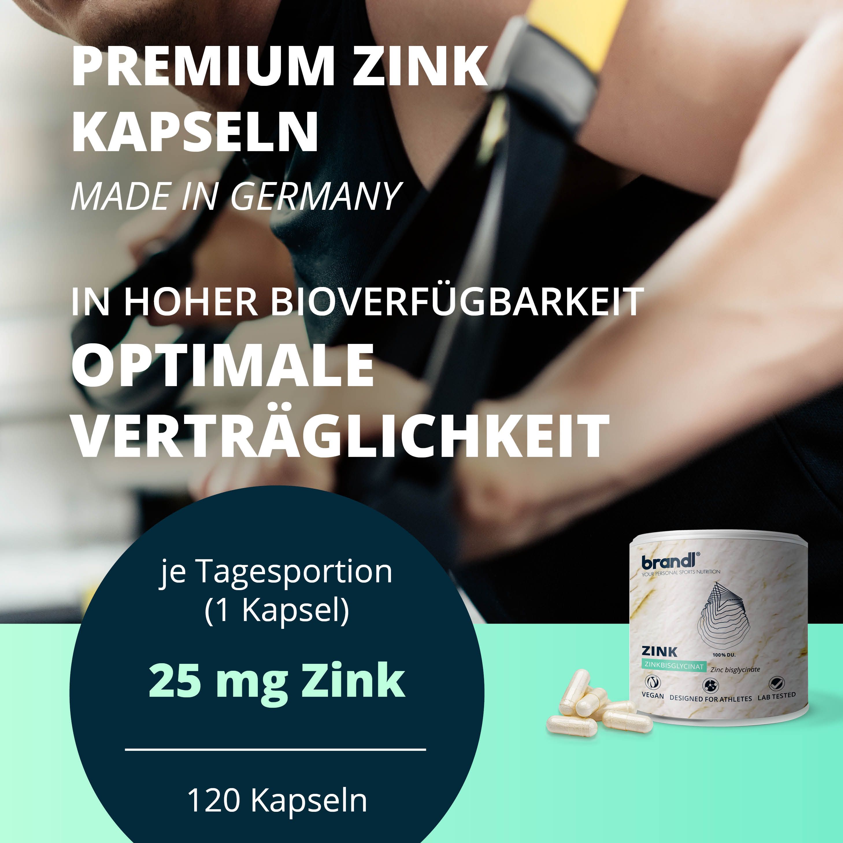 Produktabbildung: brandl® Zink-Kapseln. Text: Premium Zink Kapseln, 25 mg Zink, 120 Kapseln. Dose und Kapseln.