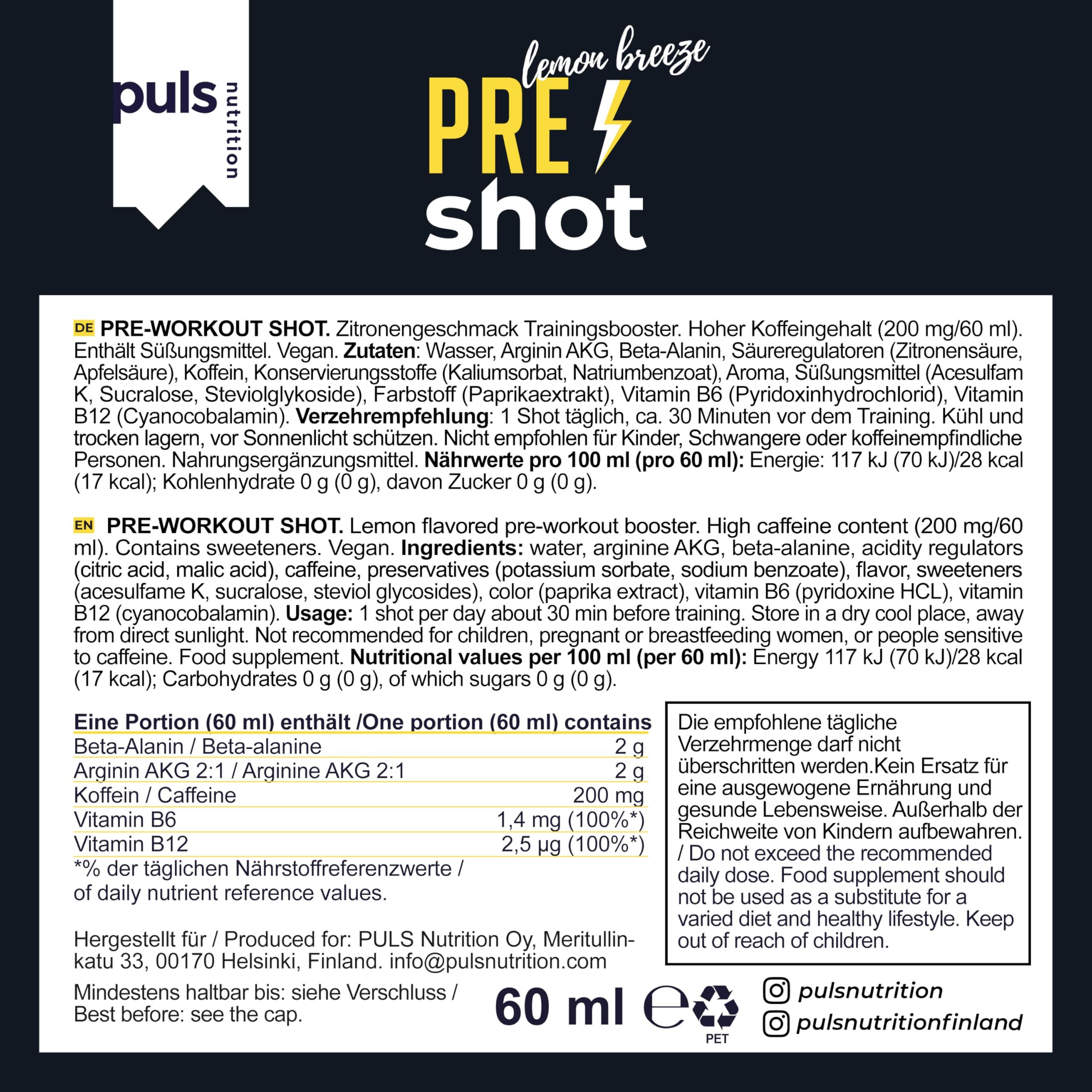 Rückseite einer Pre-Workout-Shot-Flasche mit Nährwertangaben und Zutatenliste.