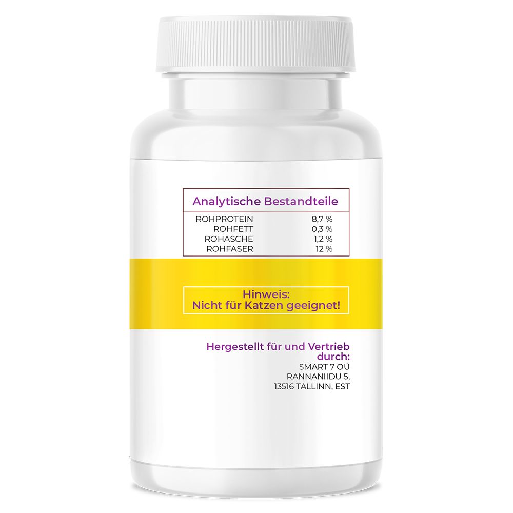 Weiße Flasche mit gelbem Etikett. Text: Analytische Bestandteile, Hinweis: Nicht für Katzen geeignet! Hergestellt für...