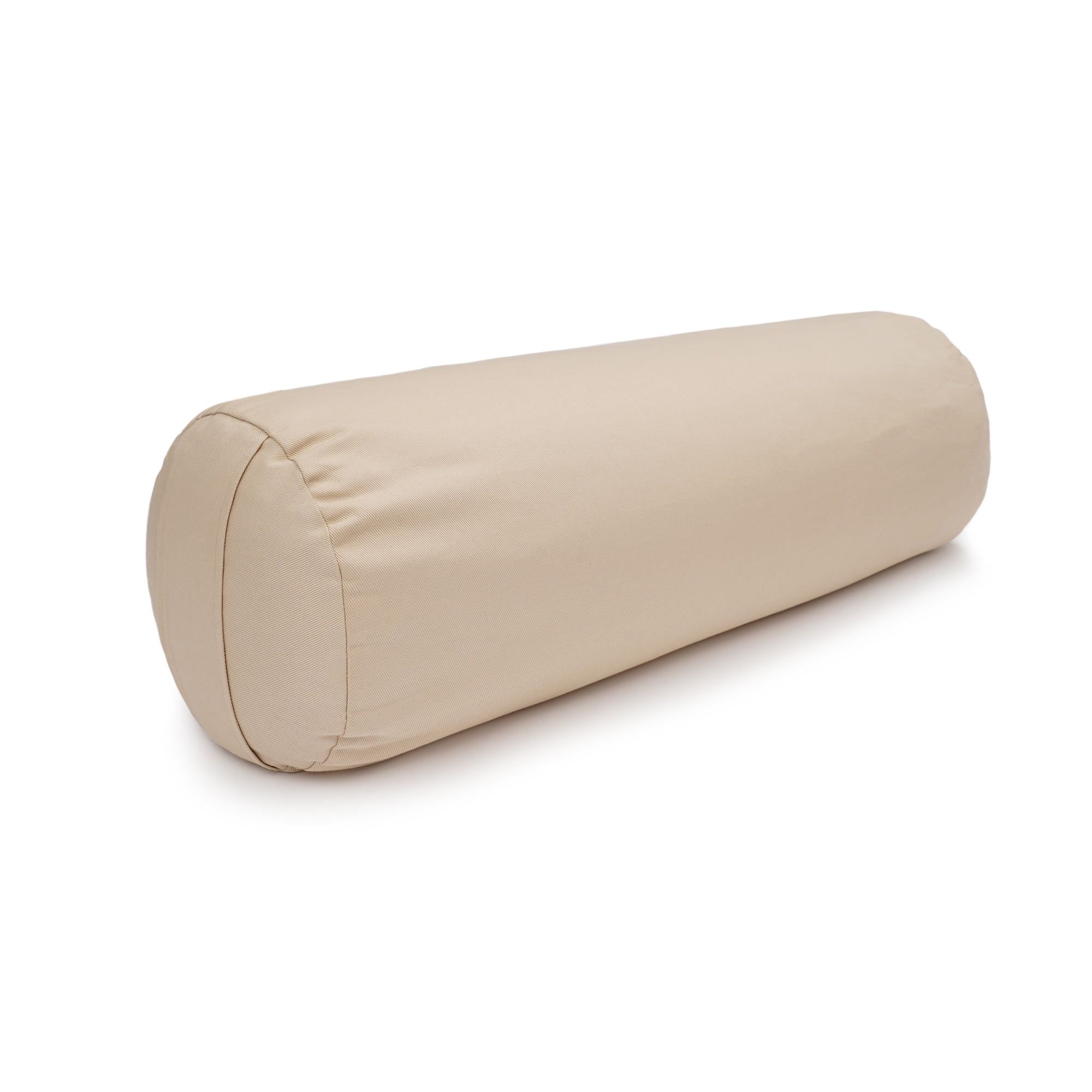 Sandfarbenes, zylindrisches Yoga-Bolster mit abgerundeten Enden und Reißverschluss.