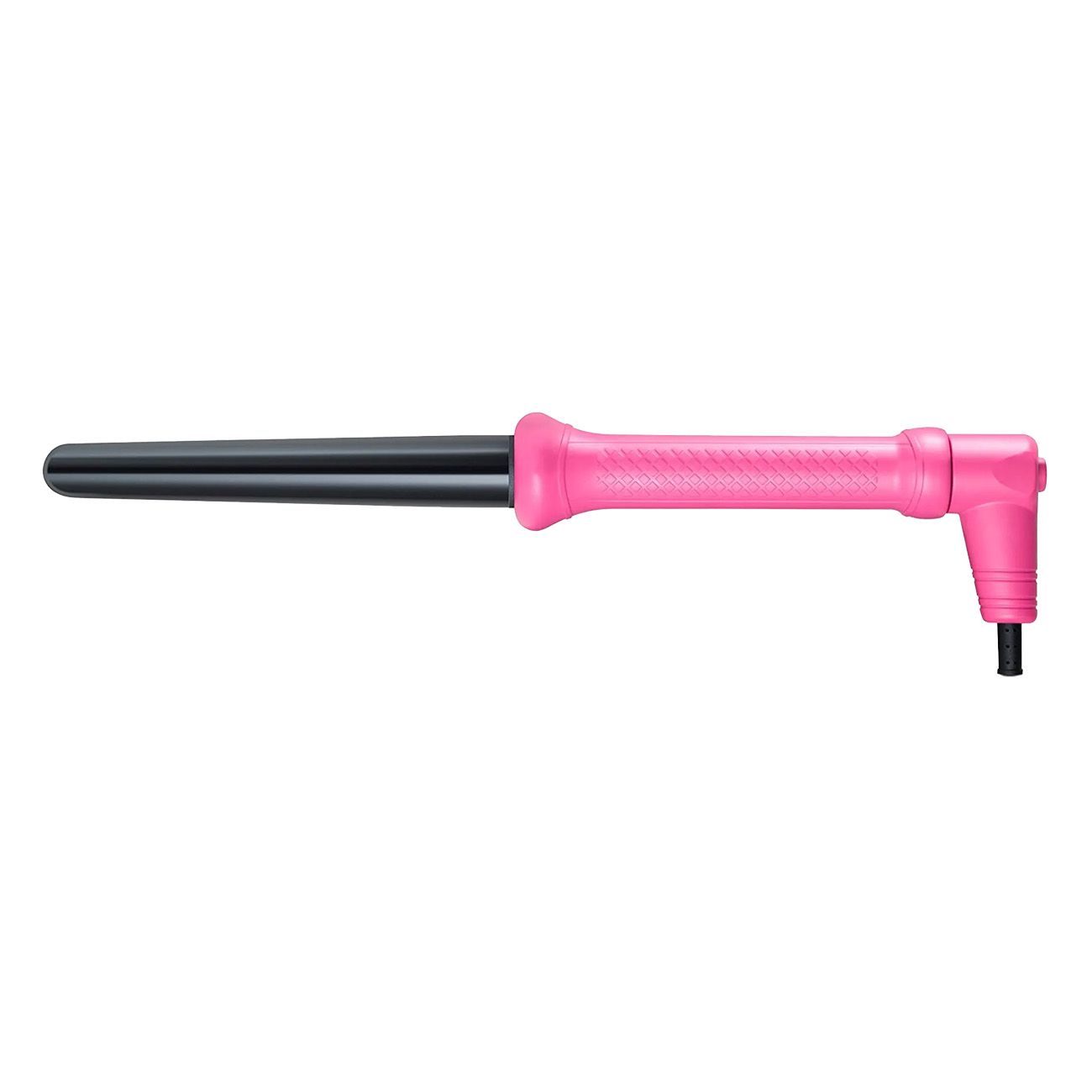Lockenstab mit pinkfarbenem Griff und schwarzem Stab. Der Stab verjüngt sich. Schwarzes Kabel am Griff.